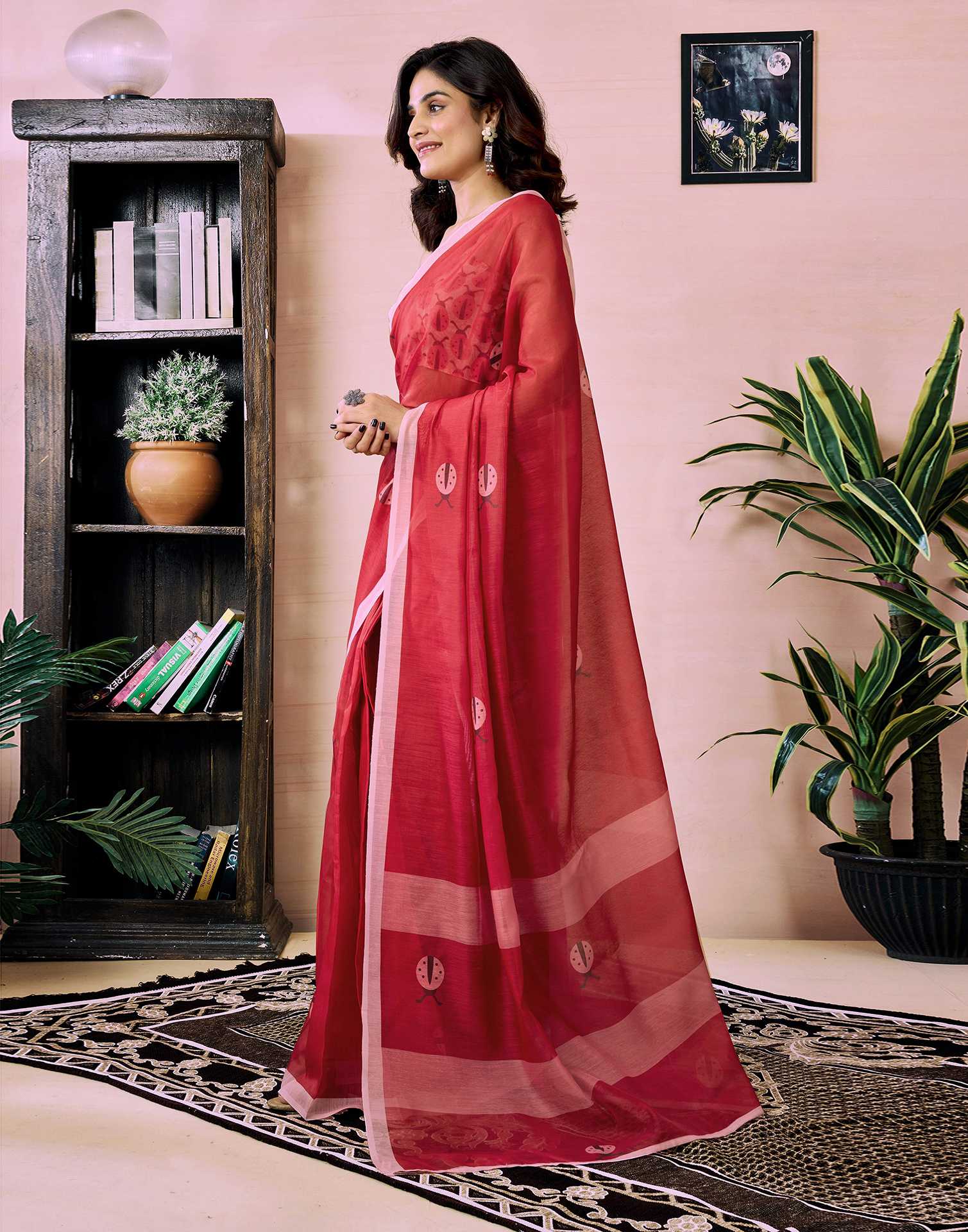 Ready to Wear Red Chanderi Printed Saree