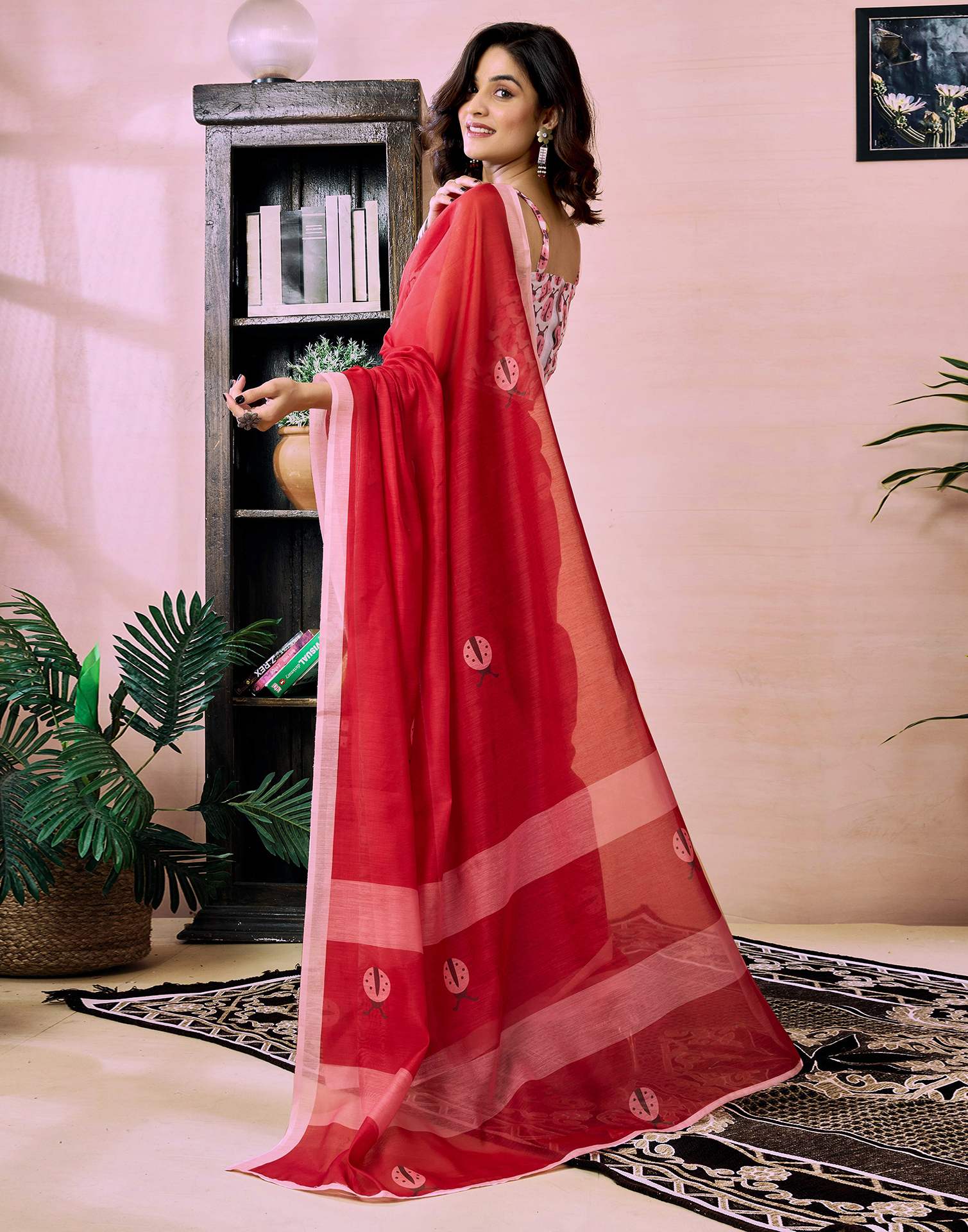 Ready to Wear Red Chanderi Printed Saree