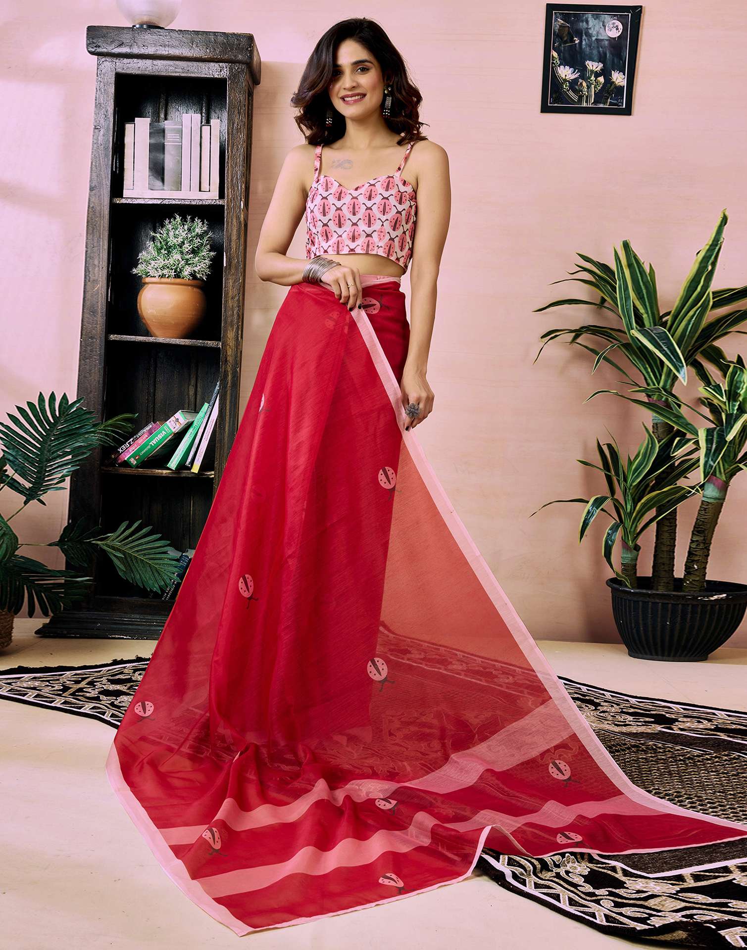 Ready to Wear Red Chanderi Printed Saree