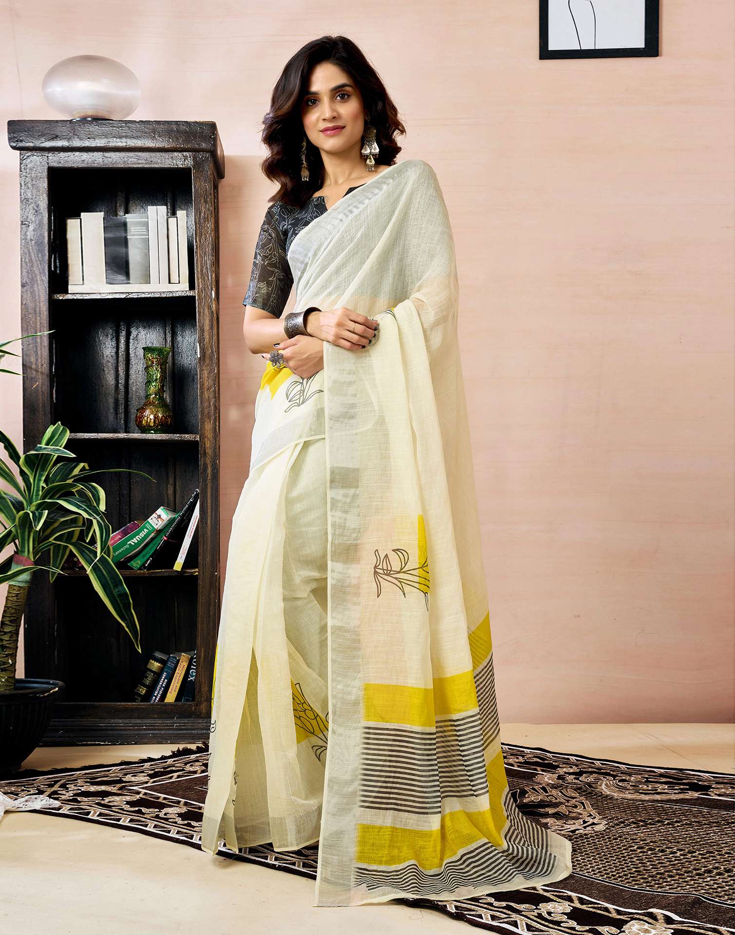 Ready to Wear White Linen Floral Printed Saree