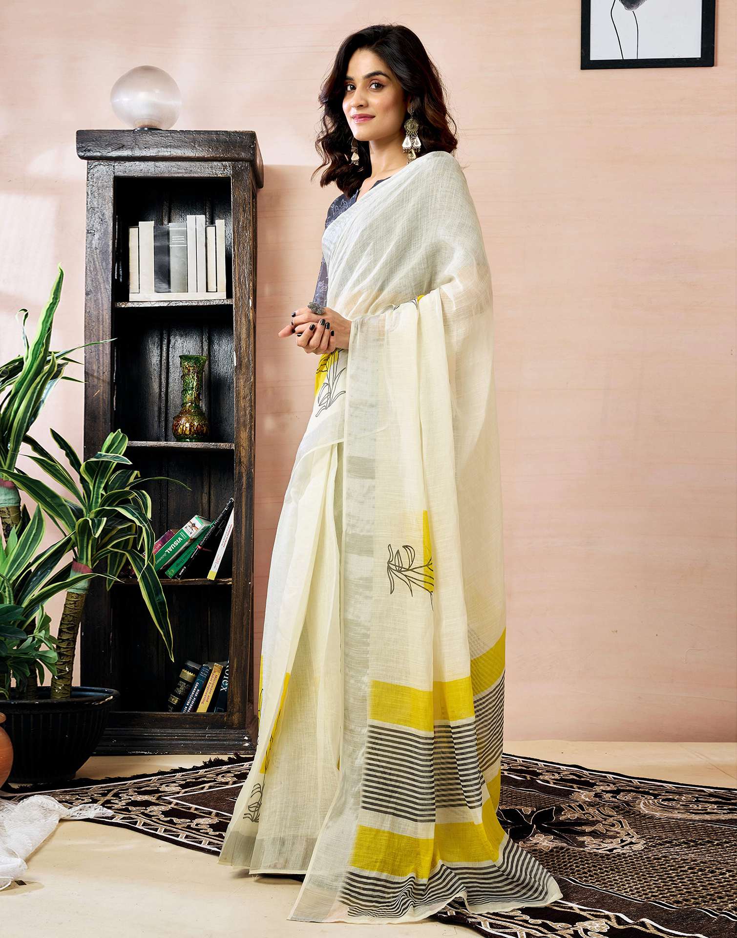 Ready to Wear White Linen Floral Printed Saree