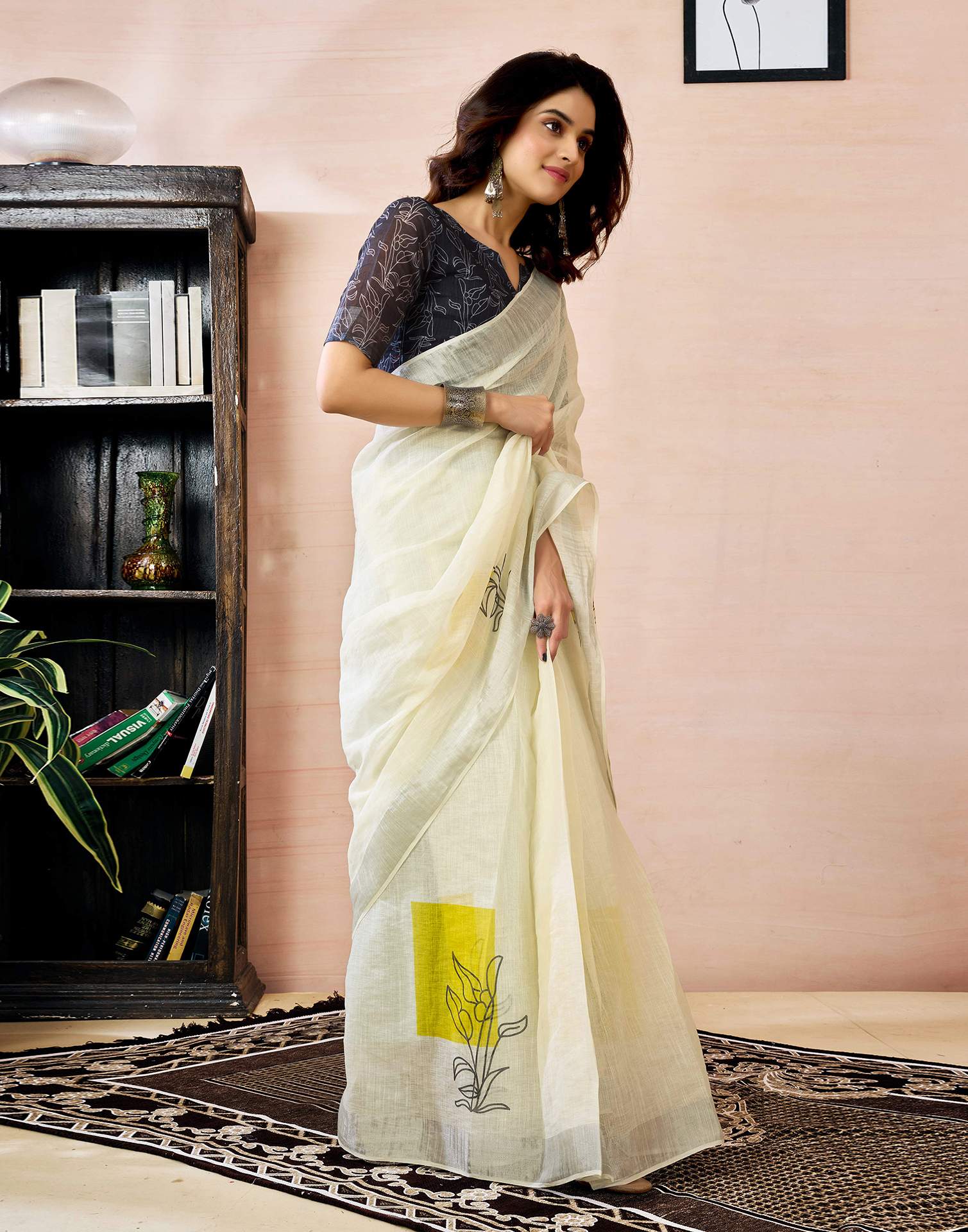 Ready to Wear White Linen Floral Printed Saree