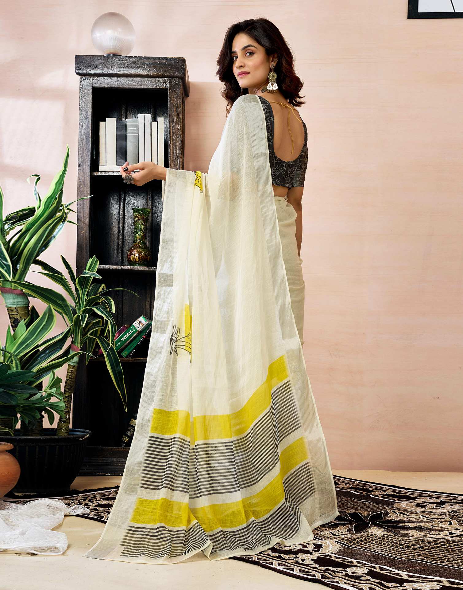 Ready to Wear White Linen Floral Printed Saree