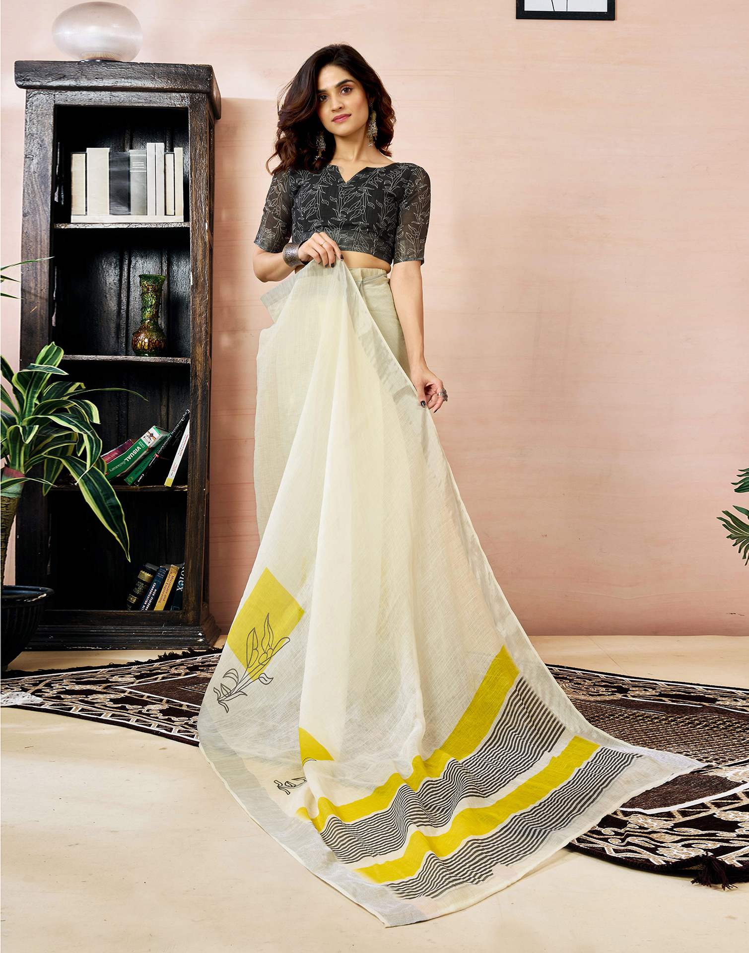 Ready to Wear White Linen Floral Printed Saree