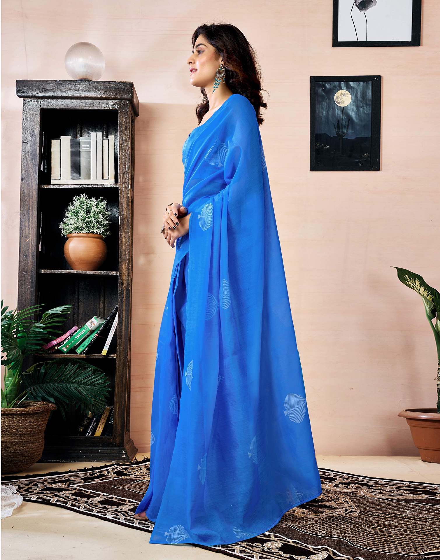 Ready to Wear Blue Chanderi Printed Saree