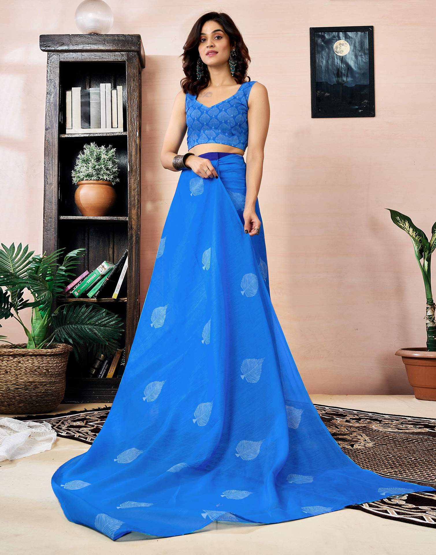 Ready to Wear Blue Chanderi Printed Saree