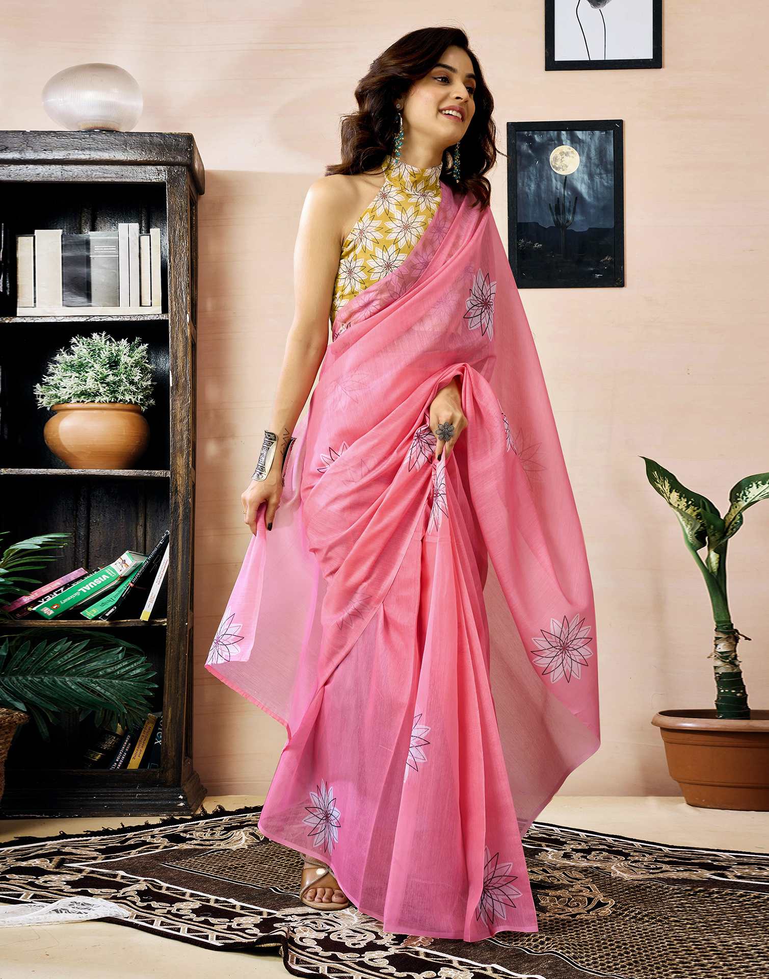 Ready to Wear Pink Chanderi Printed Saree