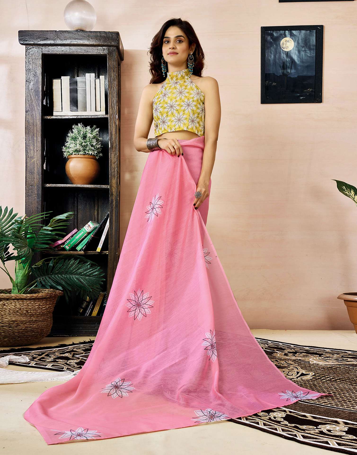 Ready to Wear Pink Chanderi Printed Saree