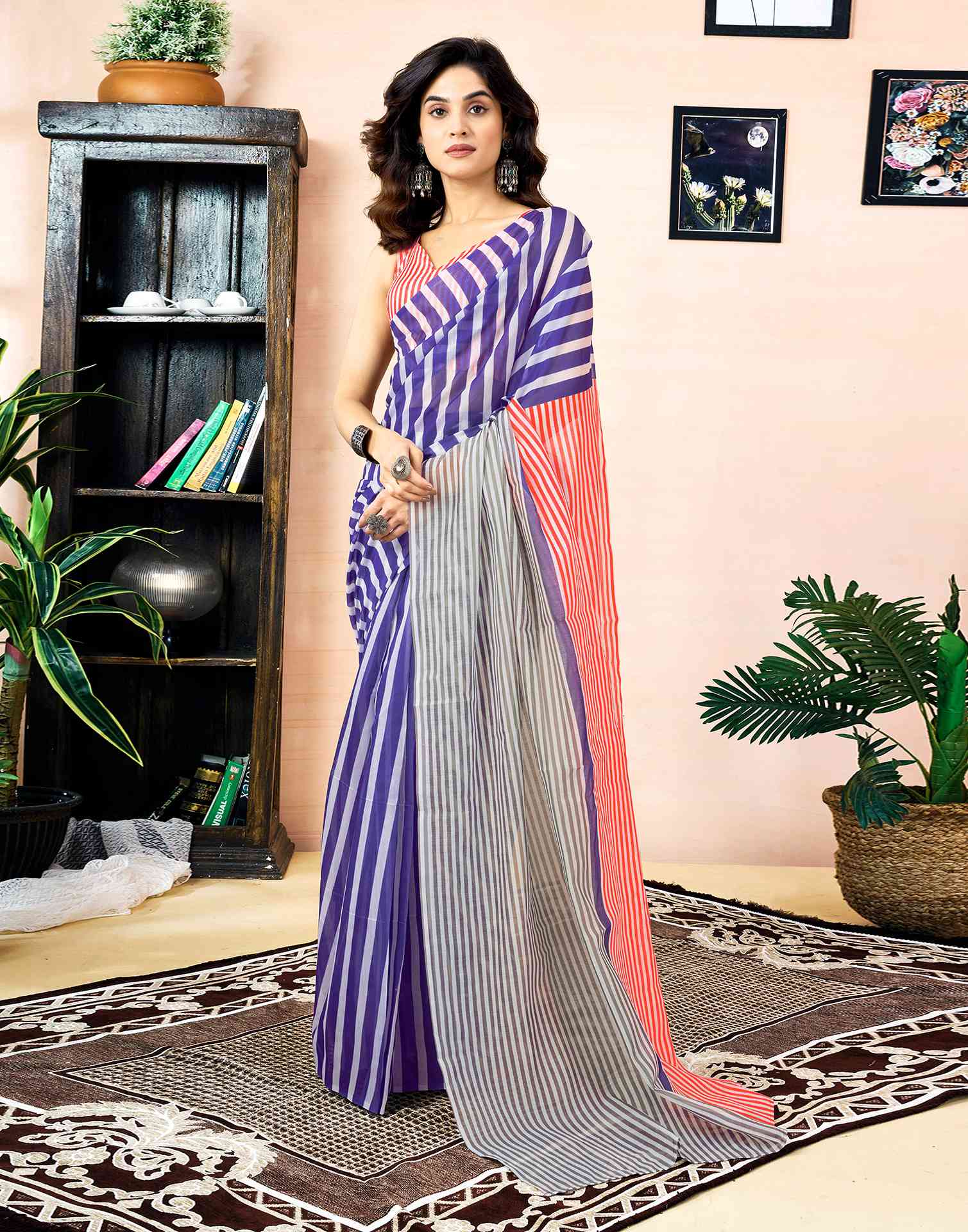 Ready to wear Grey Chanderi Printed Saree