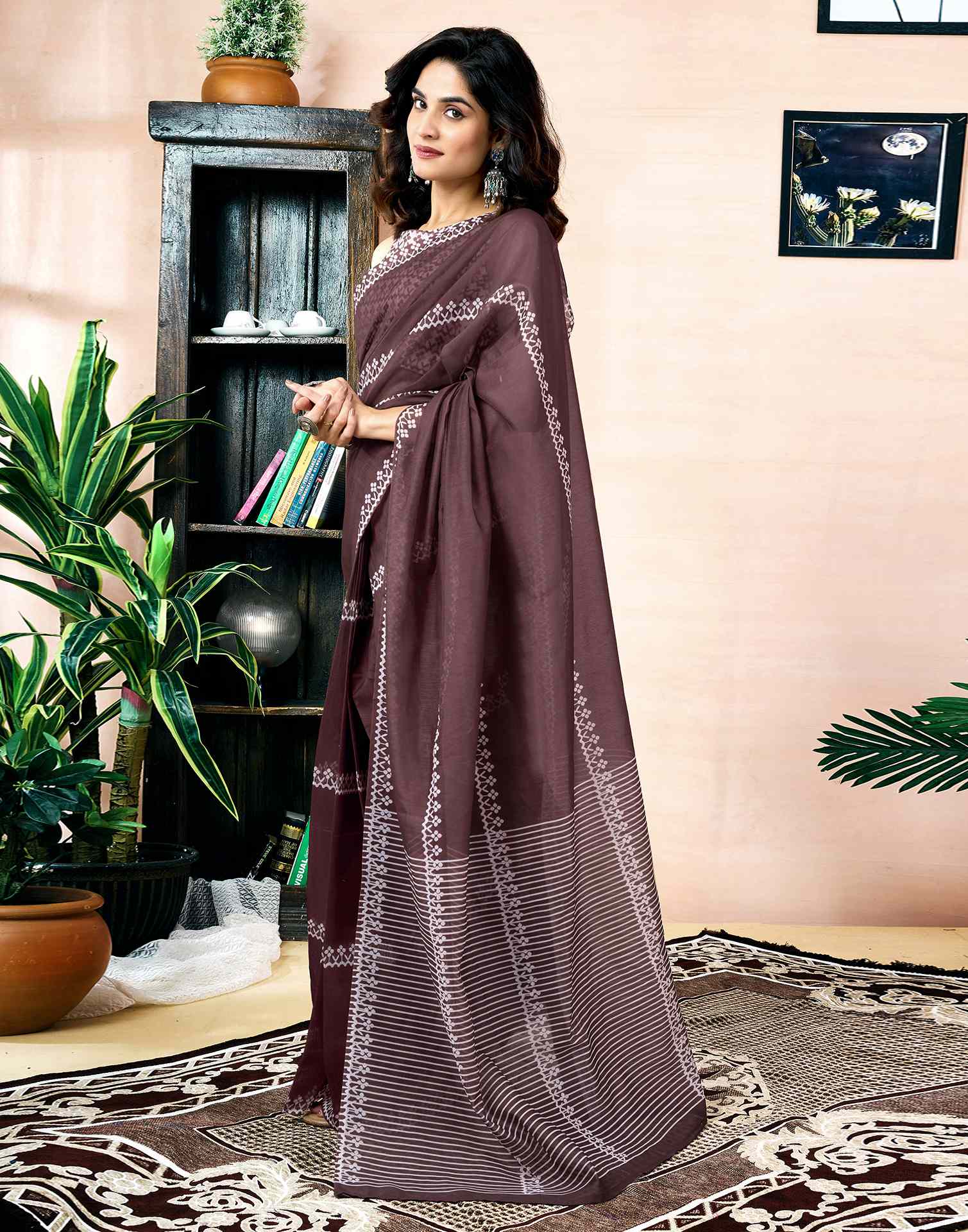 Ready To Wear Dark Brown Chanderi Printed Saree