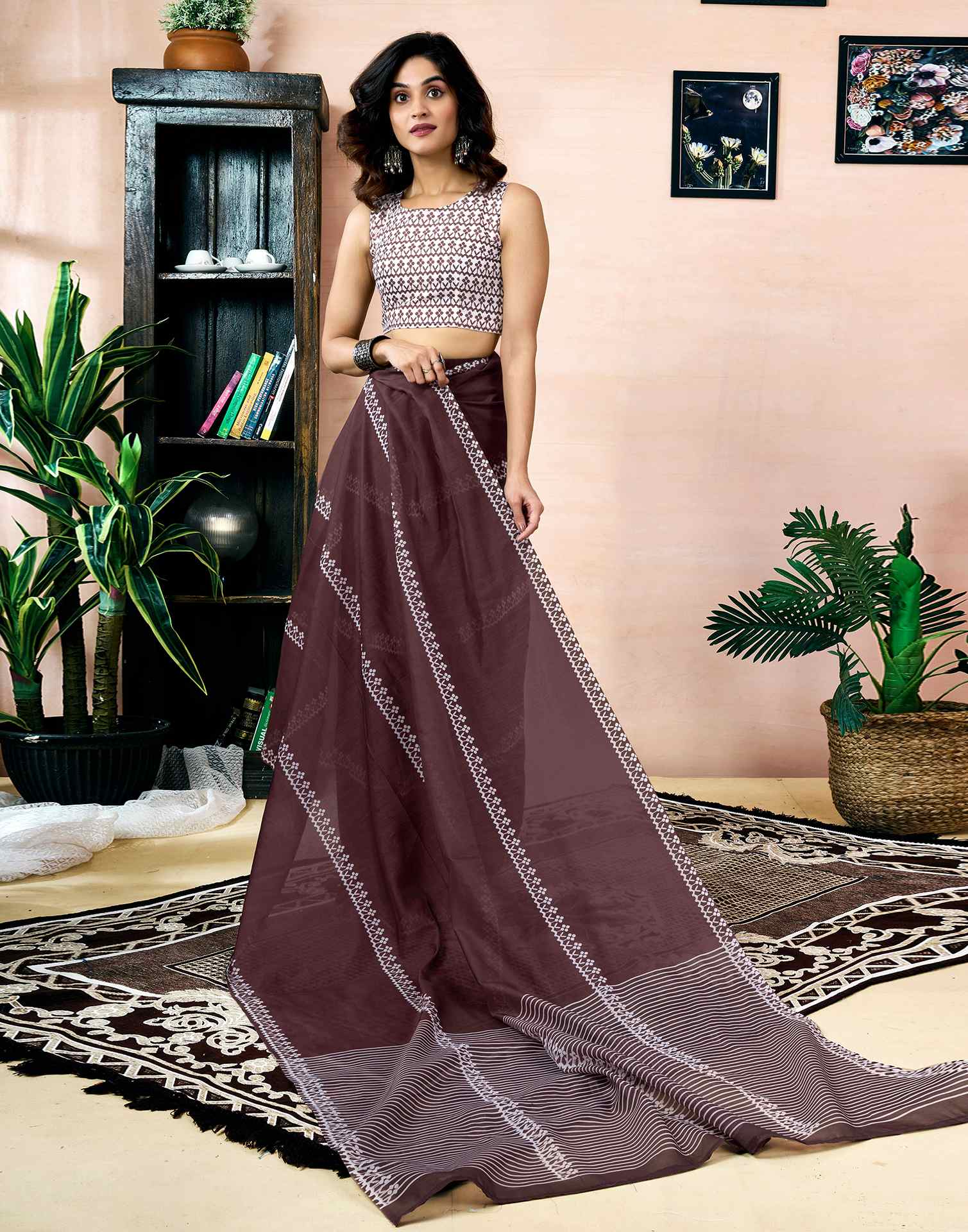 Ready To Wear Dark Brown Chanderi Printed Saree