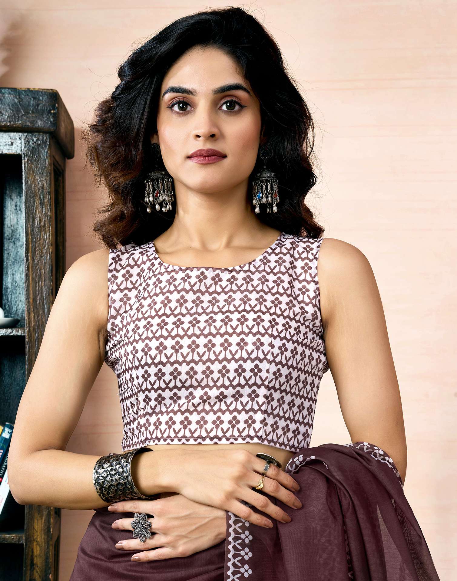 Ready To Wear Dark Brown Chanderi Printed Saree
