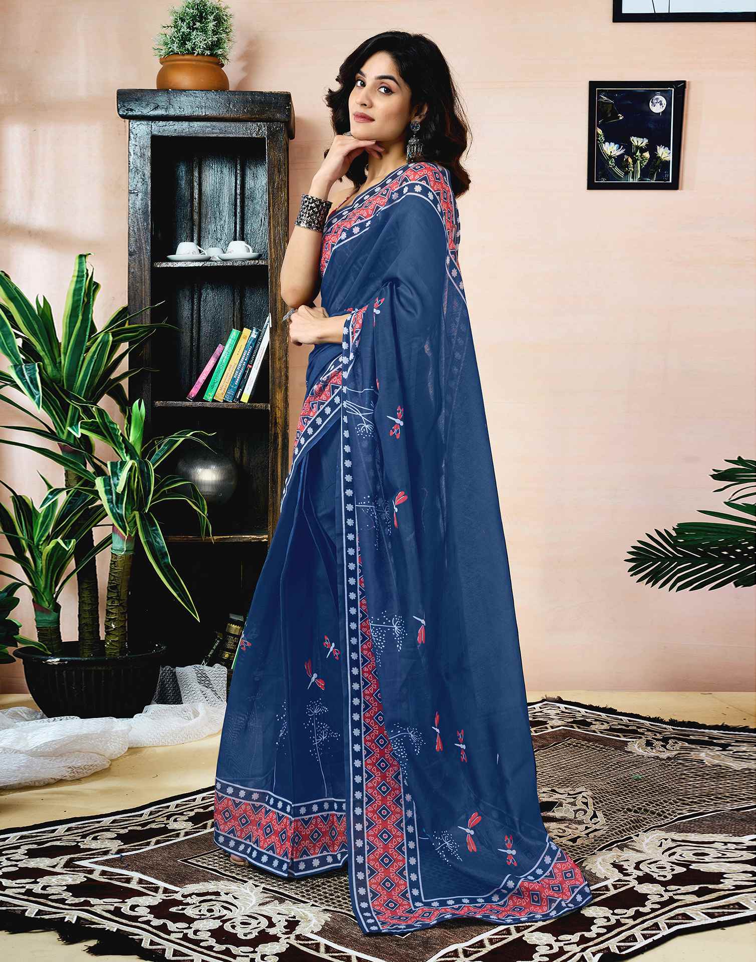 Ready To Wear Navy Blue Chanderi Printed Saree