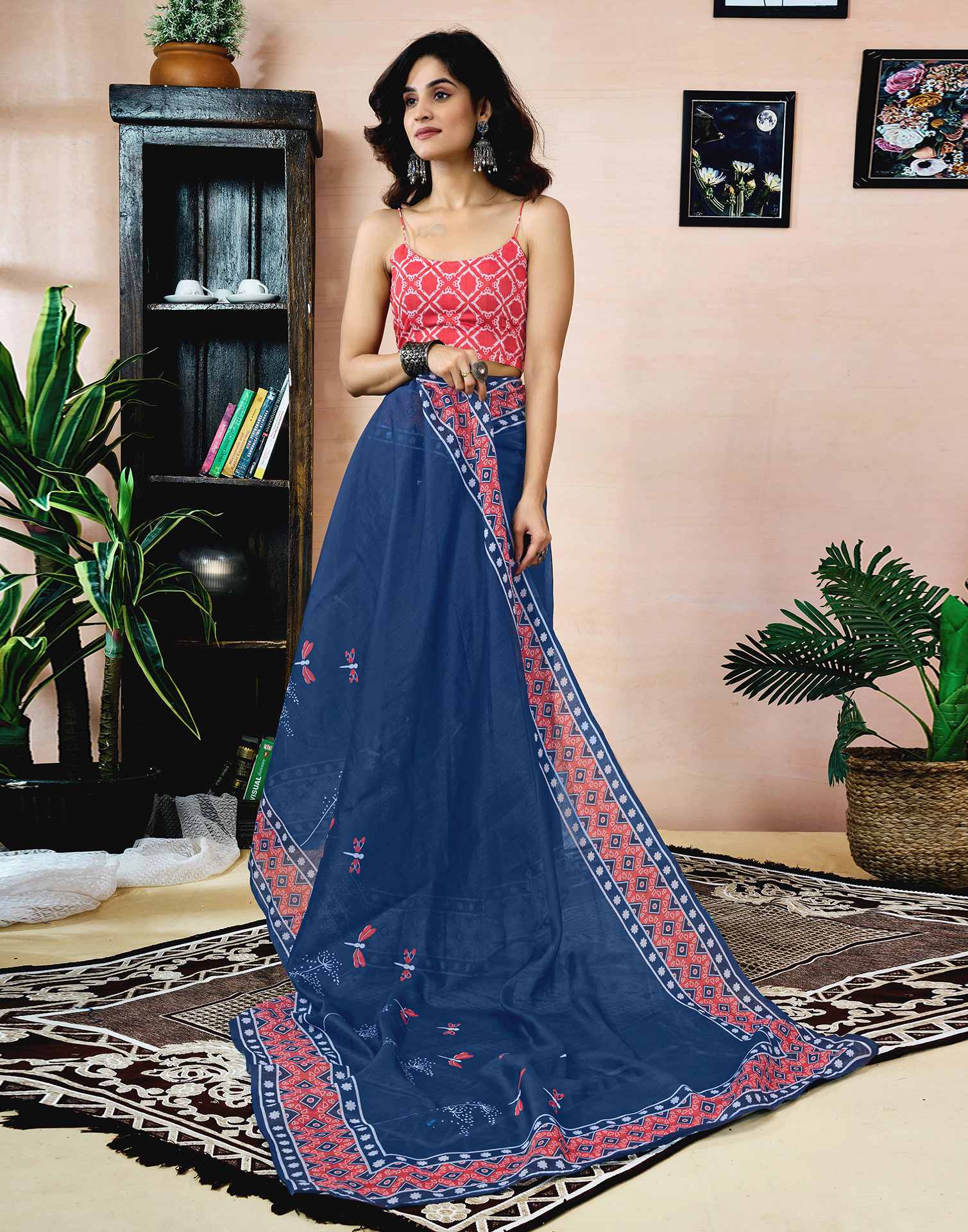 Ready To Wear Navy Blue Chanderi Printed Saree