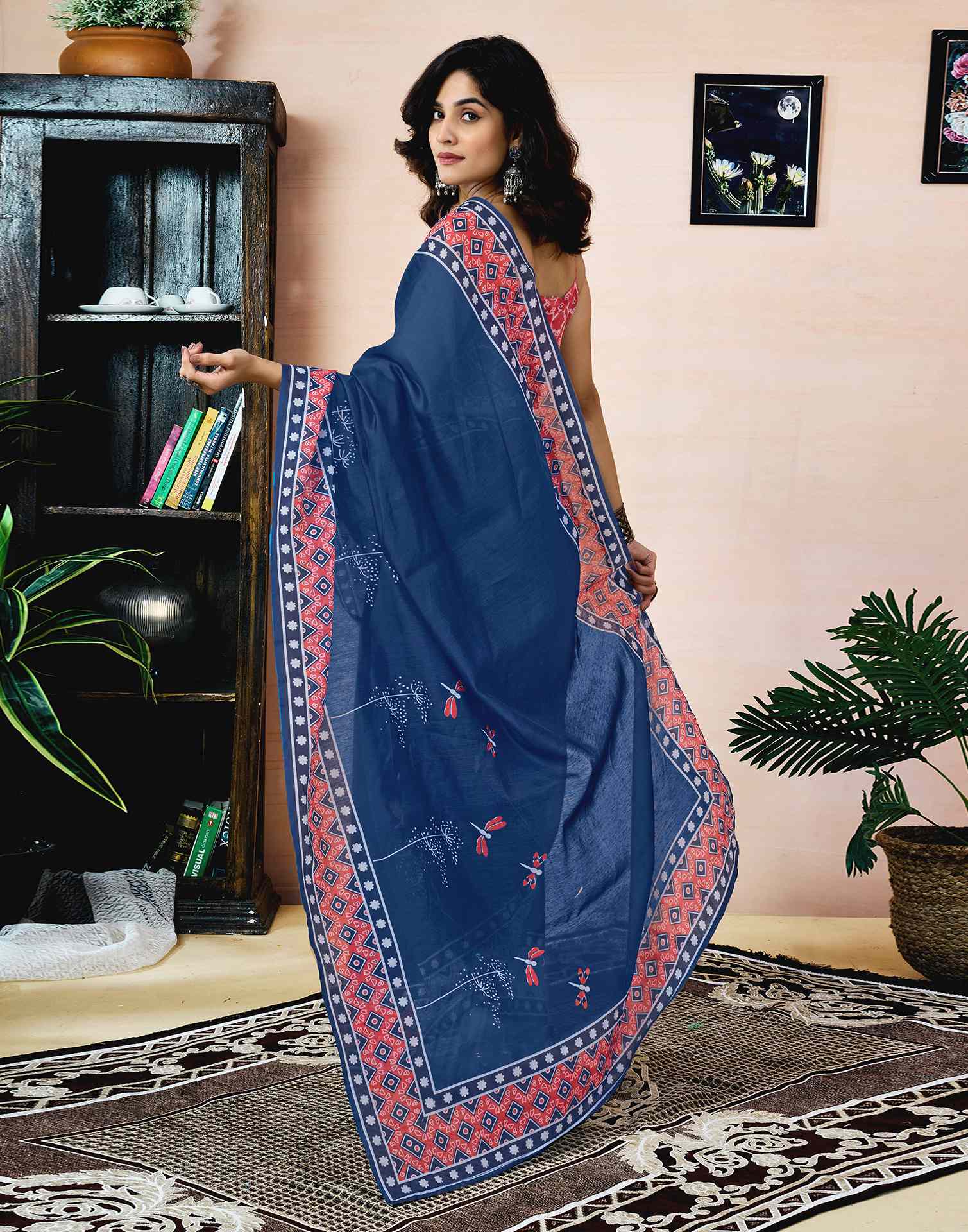 Ready To Wear Navy Blue Chanderi Printed Saree