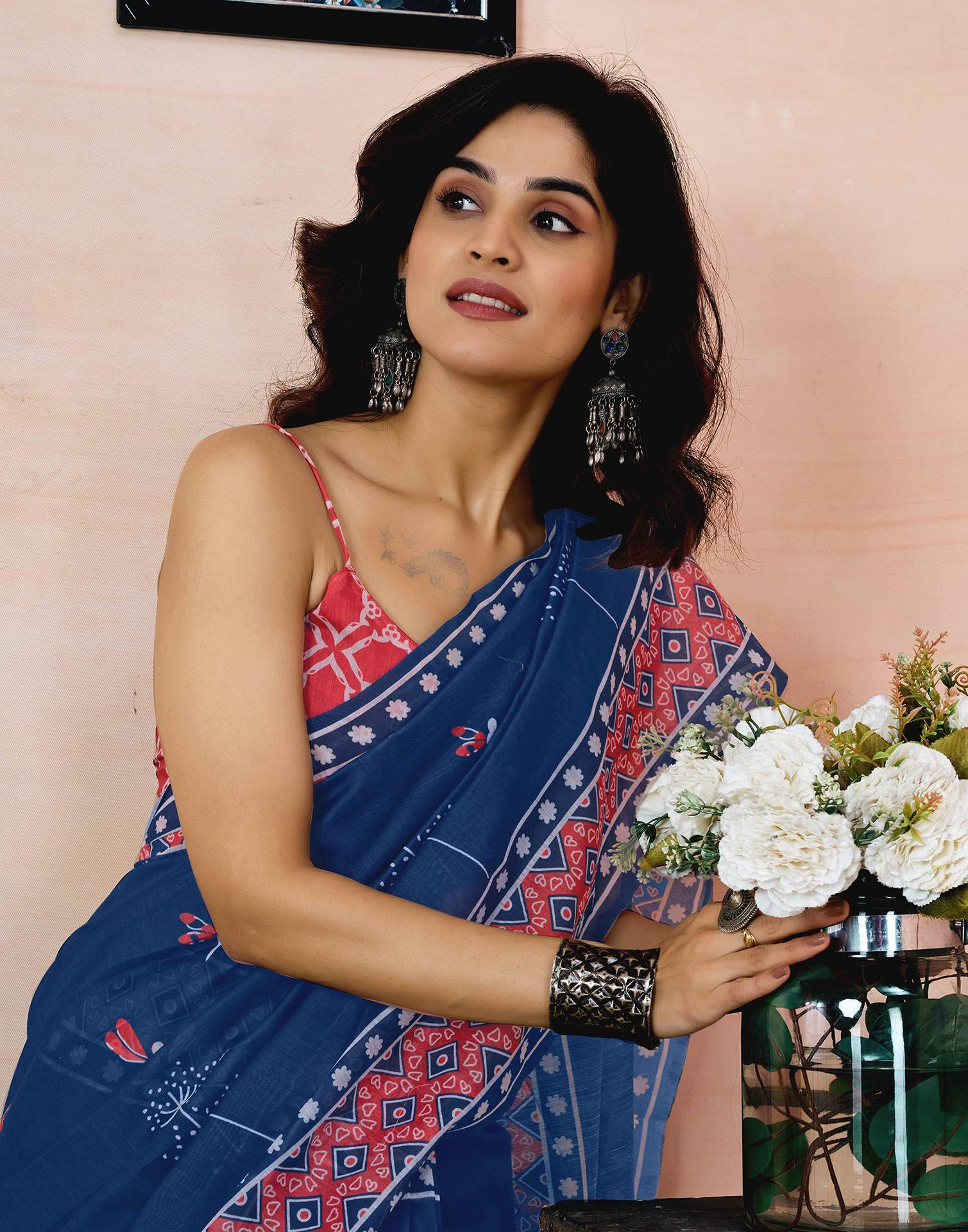 Ready To Wear Navy Blue Chanderi Printed Saree