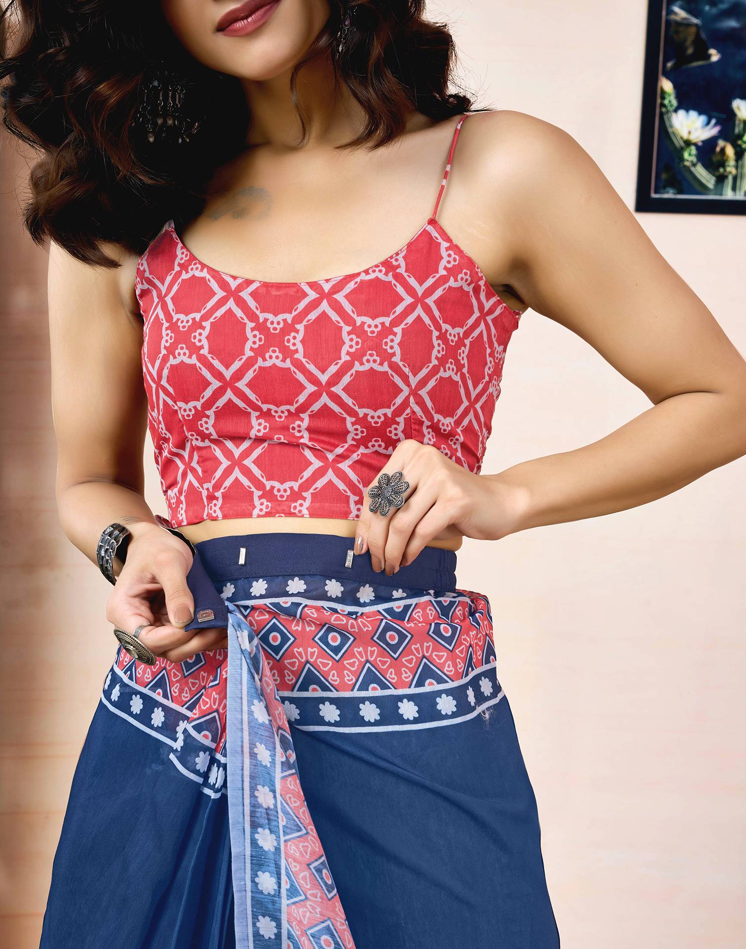 Ready To Wear Navy Blue Chanderi Printed Saree