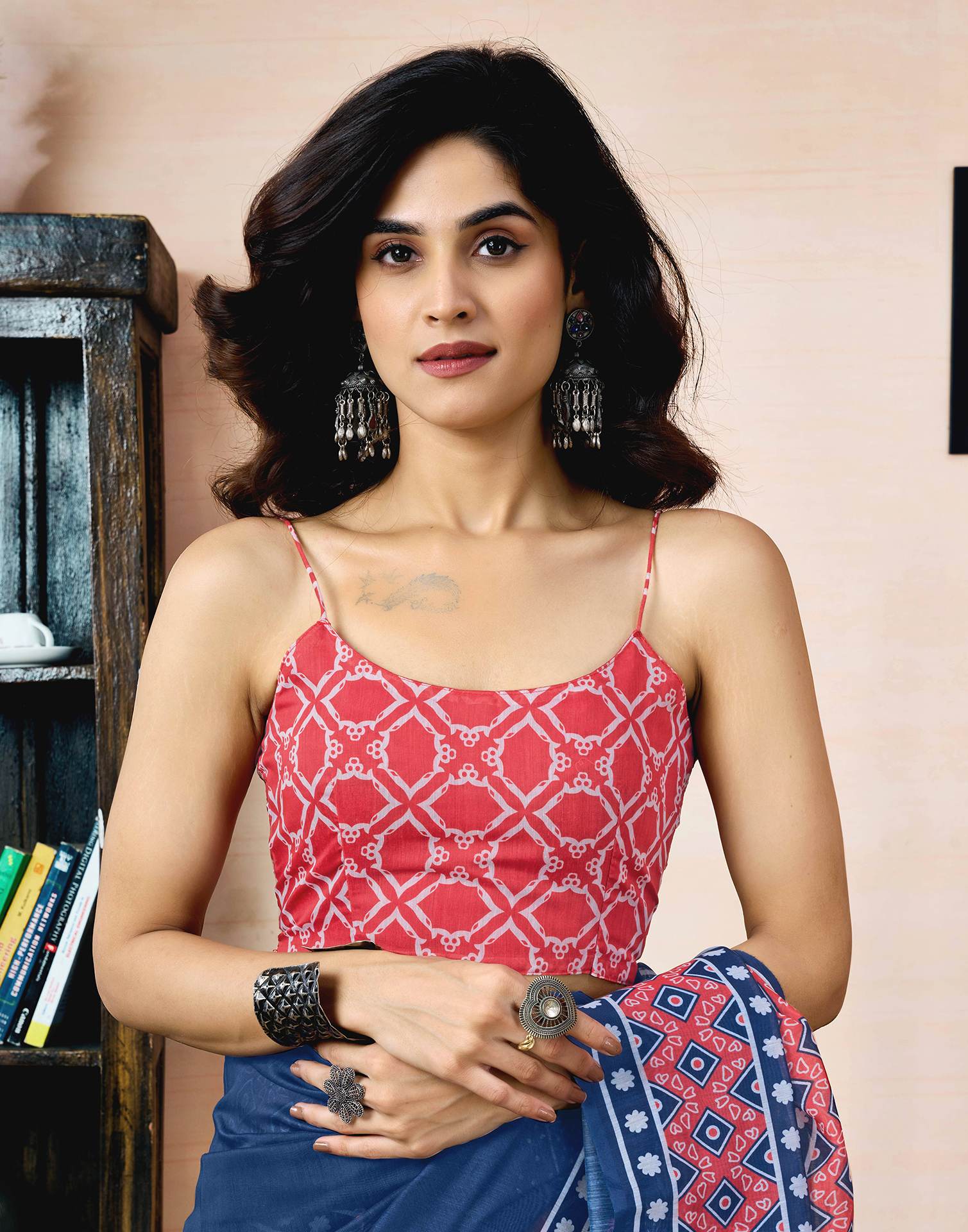 Ready To Wear Navy Blue Chanderi Printed Saree