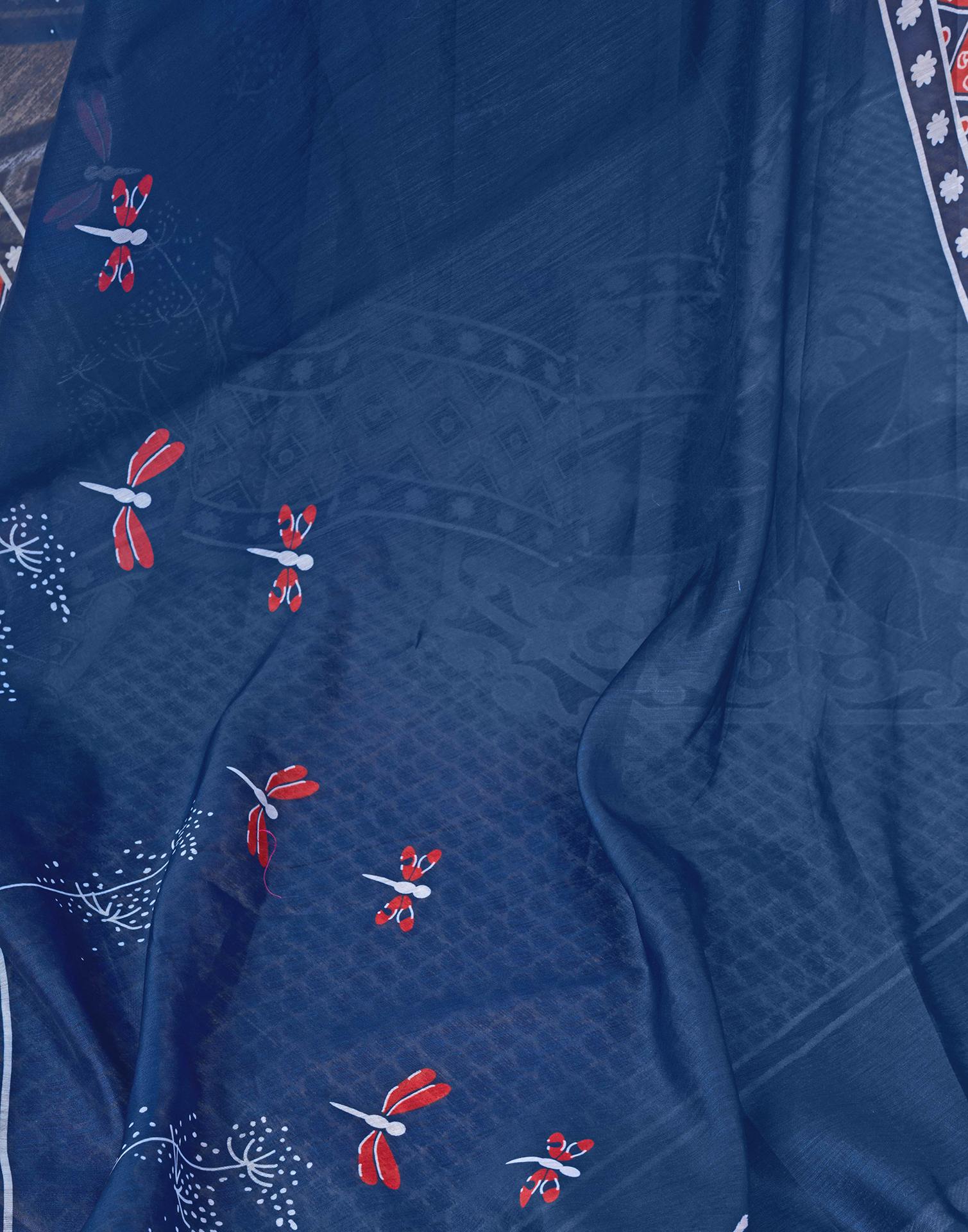 Ready To Wear Navy Blue Chanderi Printed Saree