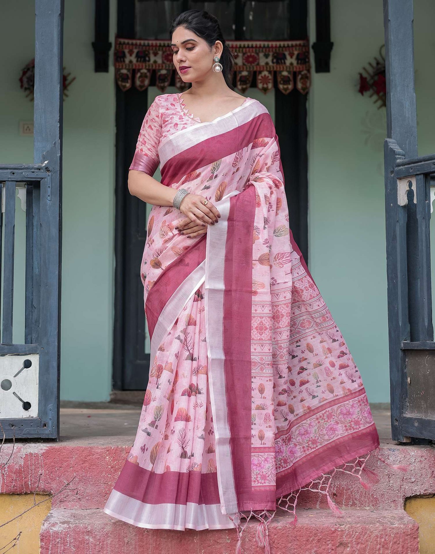 Light Rose Pink Linen Printed Saree