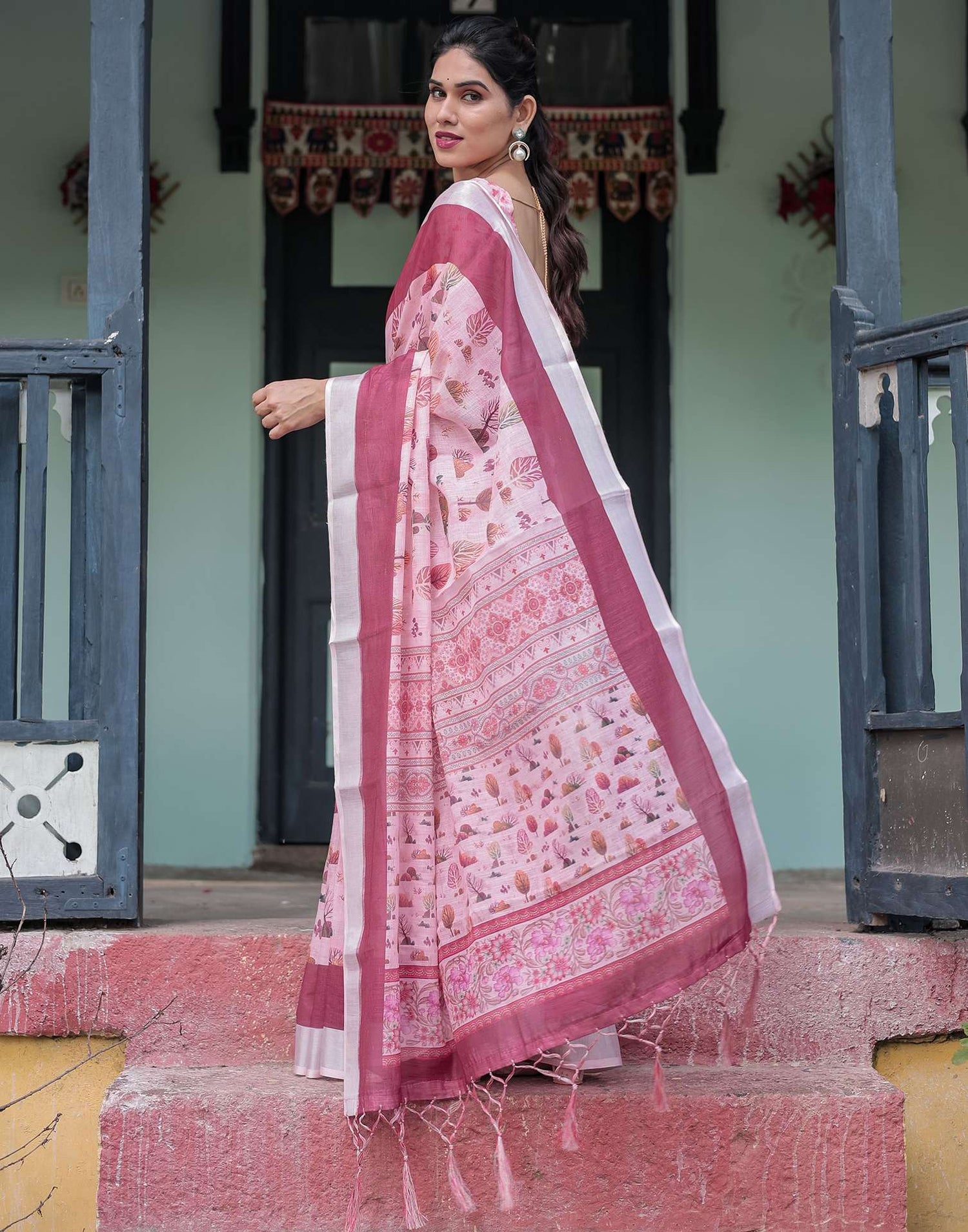 Light Rose Pink Linen Printed Saree