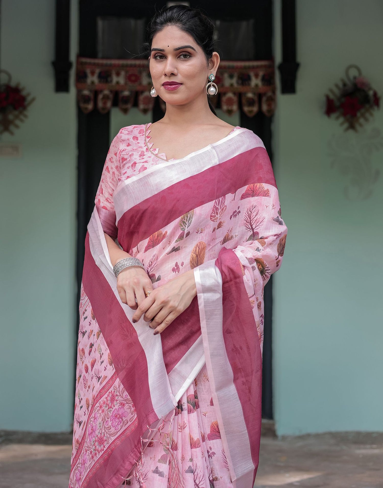 Light Rose Pink Linen Printed Saree