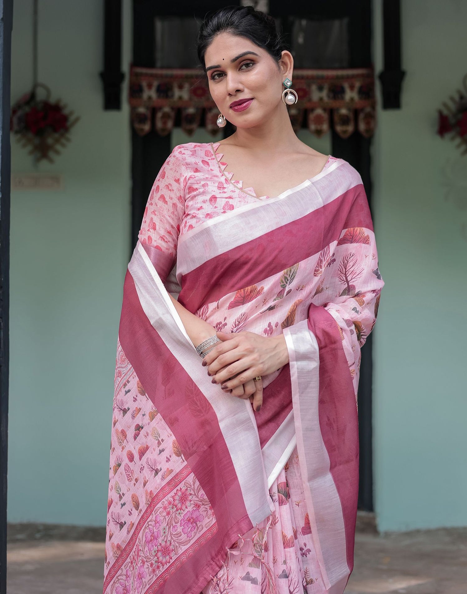 Light Rose Pink Linen Printed Saree