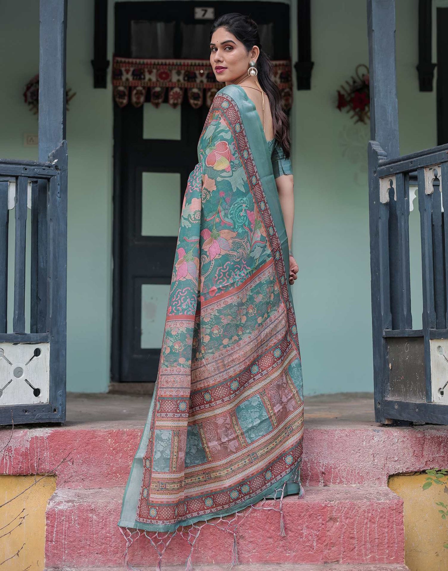 Dusty Dark Green Linen Printed Saree