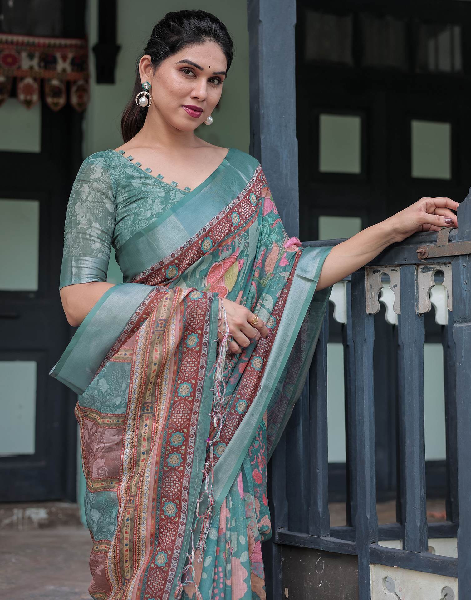 Dusty Dark Green Linen Printed Saree