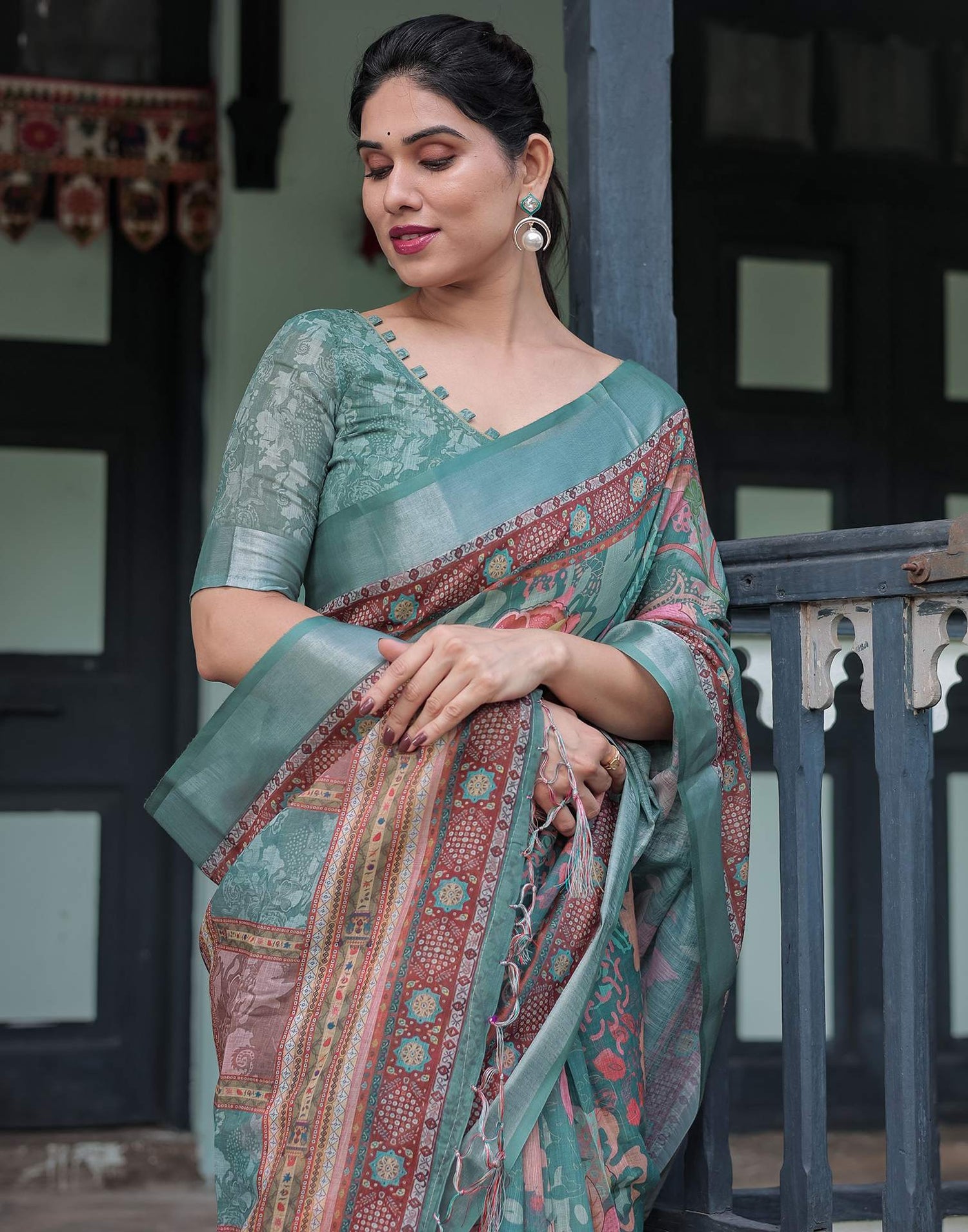 Dusty Dark Green Linen Printed Saree