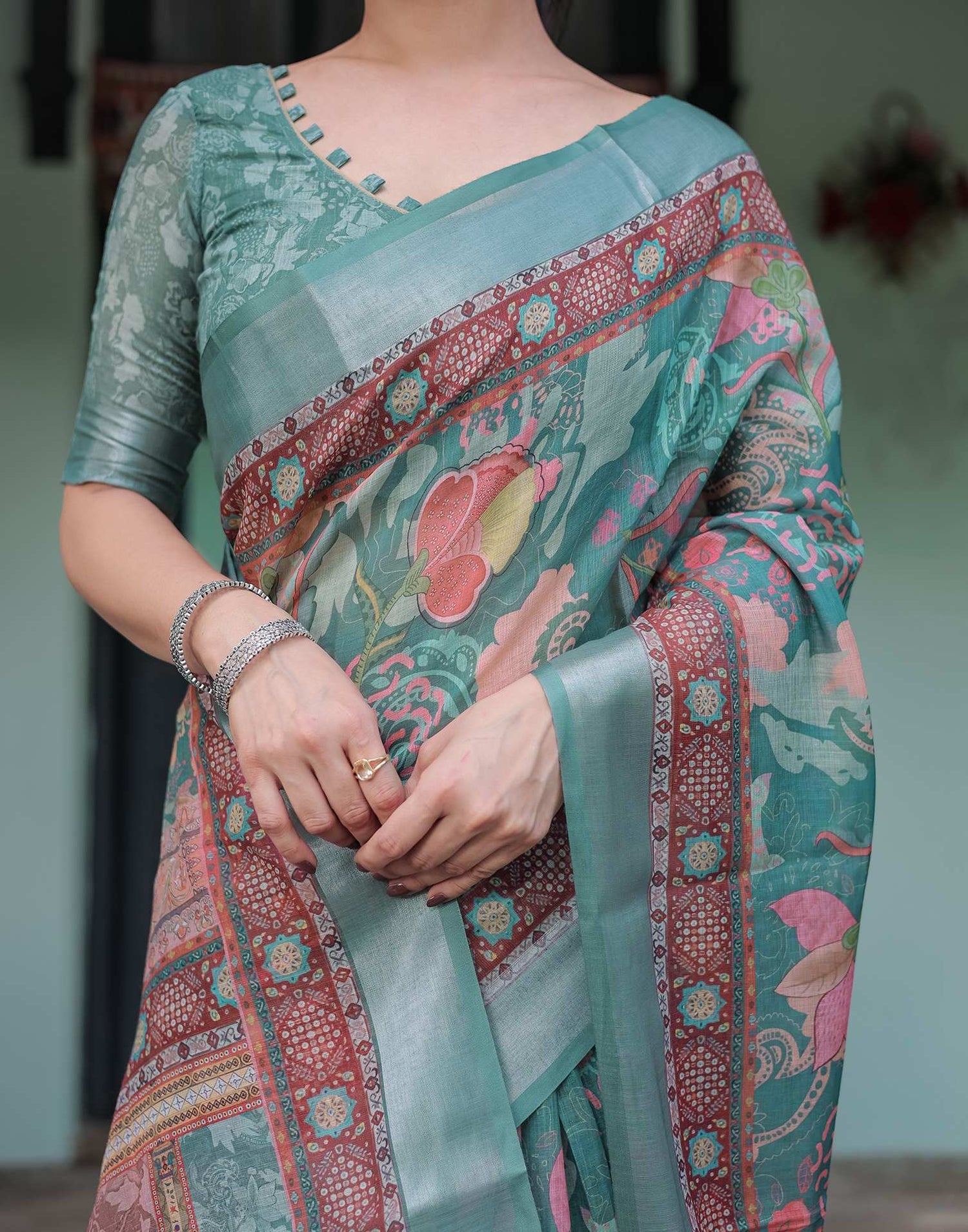Dusty Dark Green Linen Printed Saree
