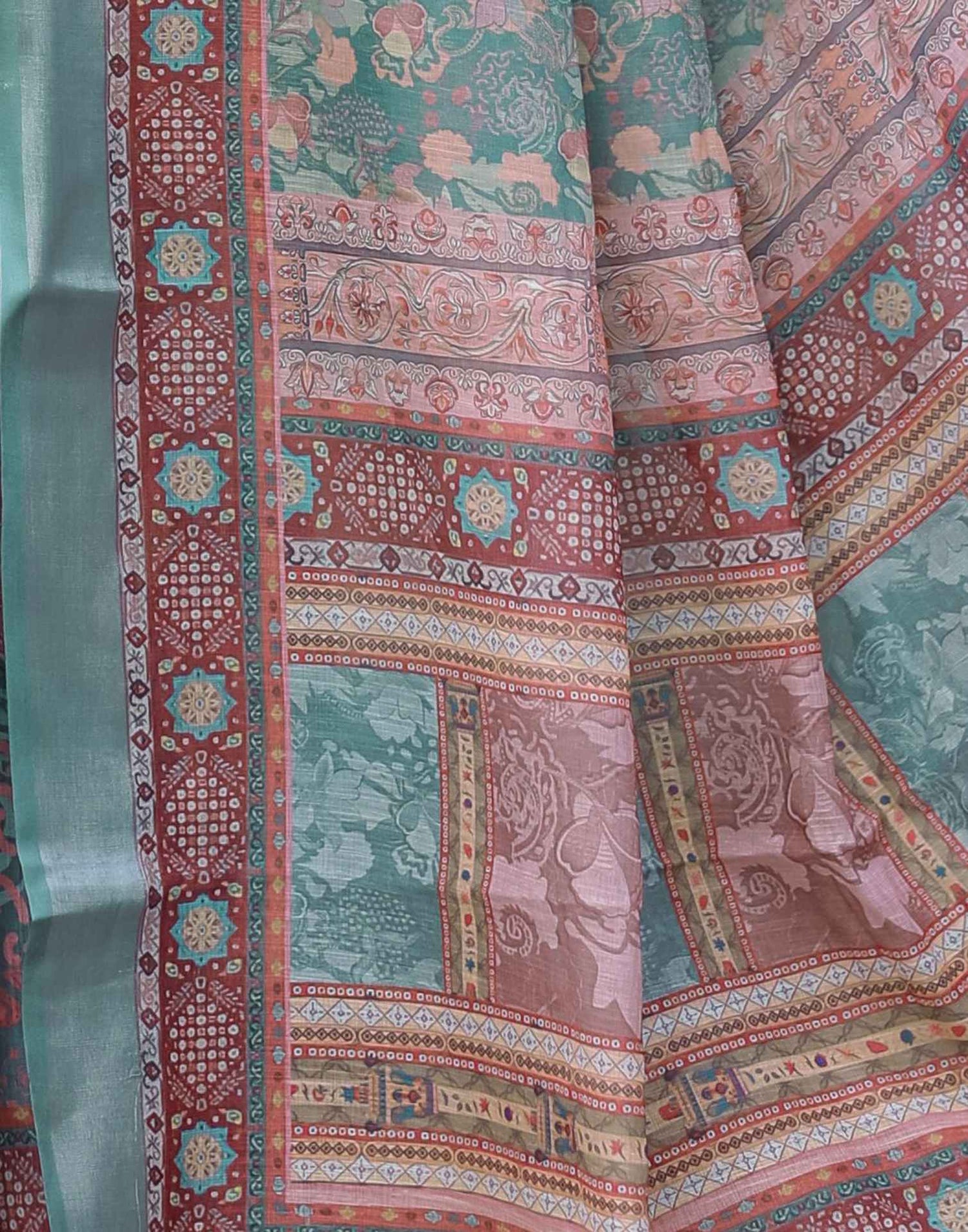 Dusty Dark Green Linen Printed Saree