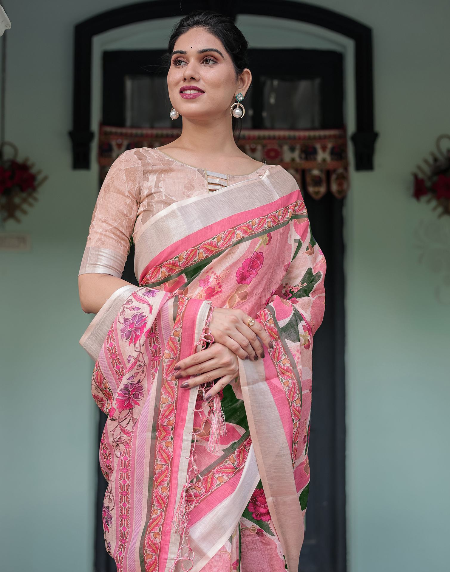 Pink Linen Printed Saree