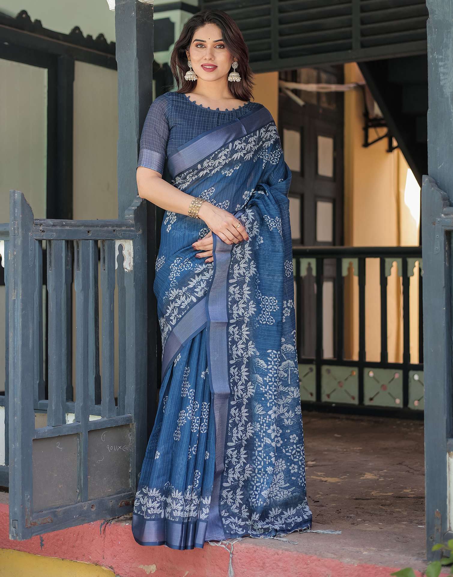 Dark Blue Linen Printed Saree