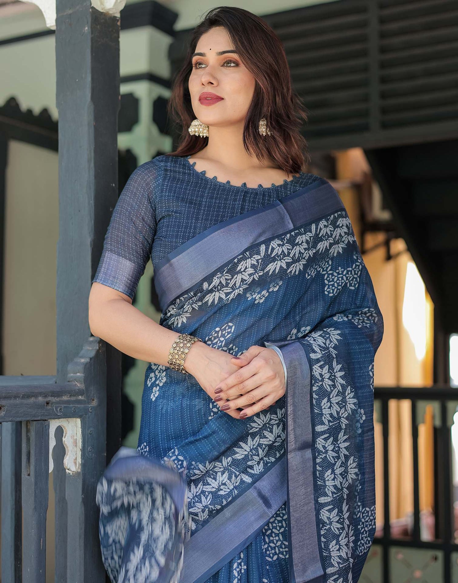 Dark Blue Linen Printed Saree