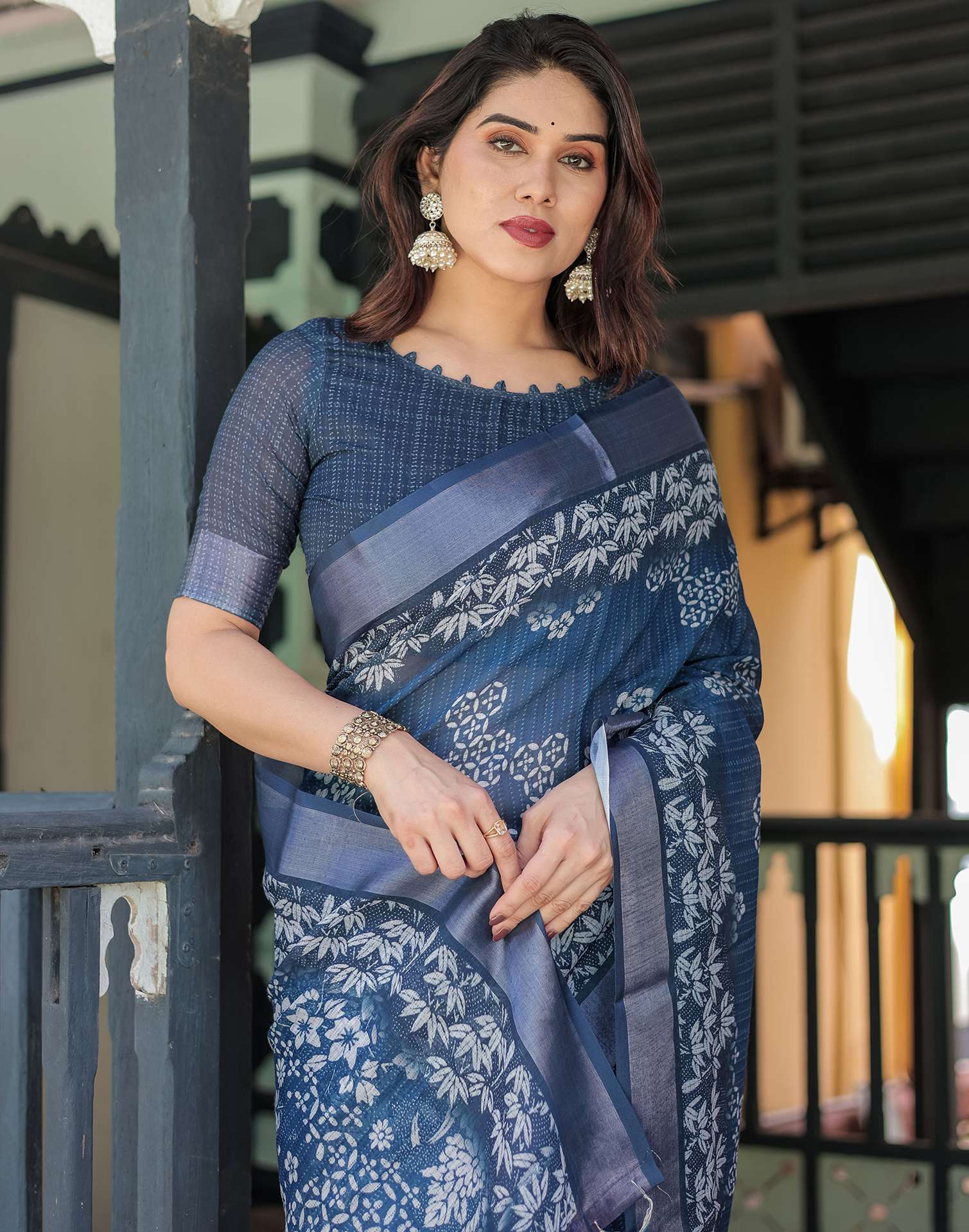 Dark Blue Linen Printed Saree