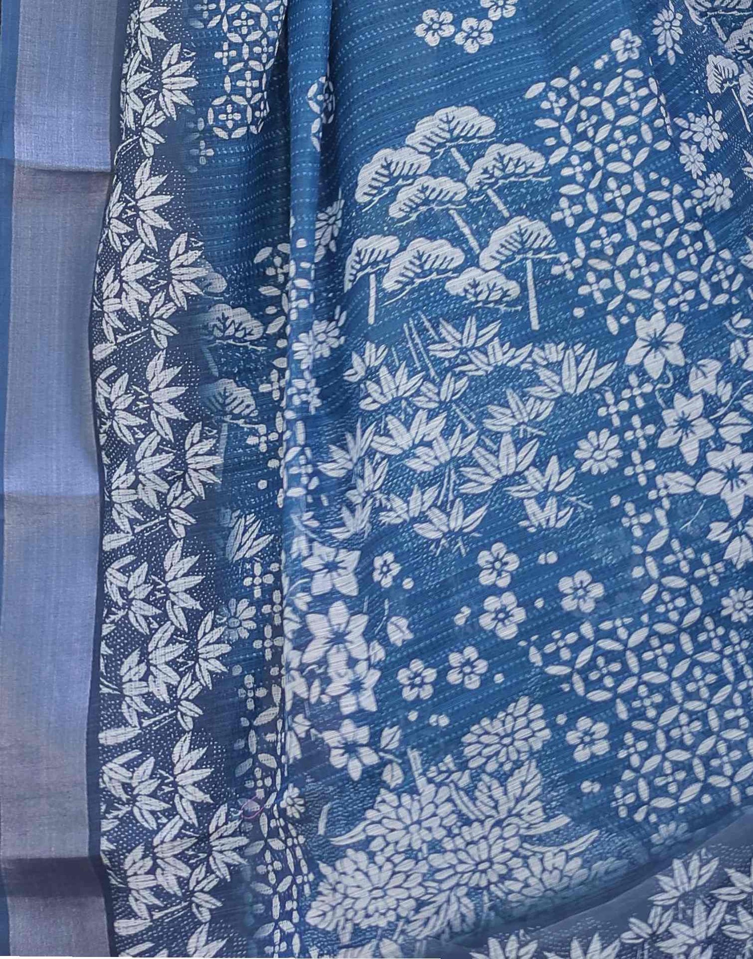 Dark Blue Linen Printed Saree