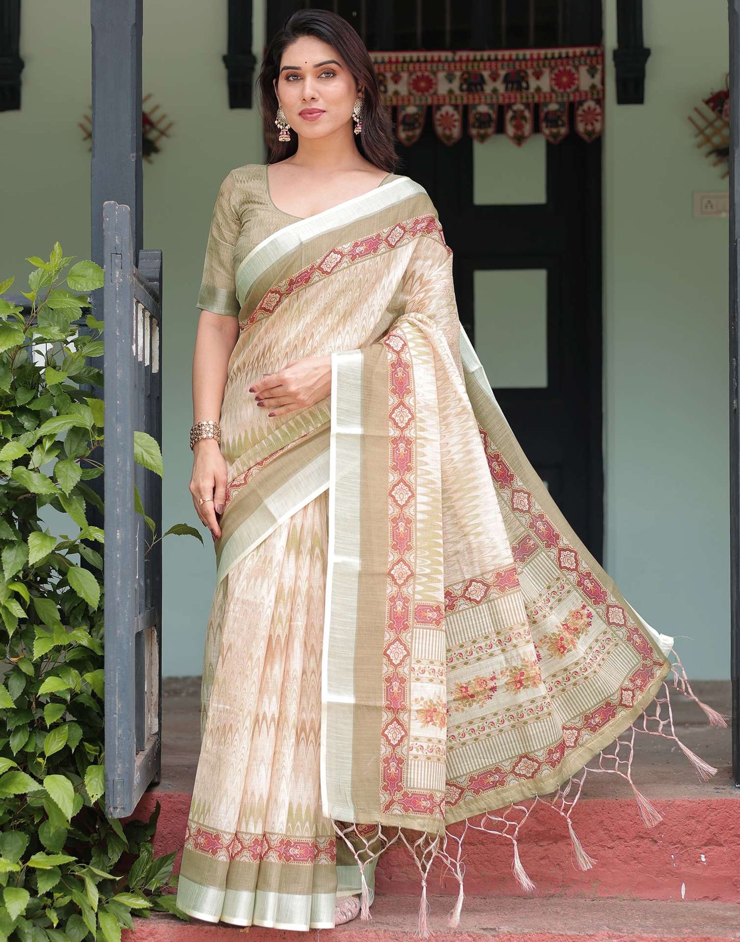 Light Beige Linen Printed Saree