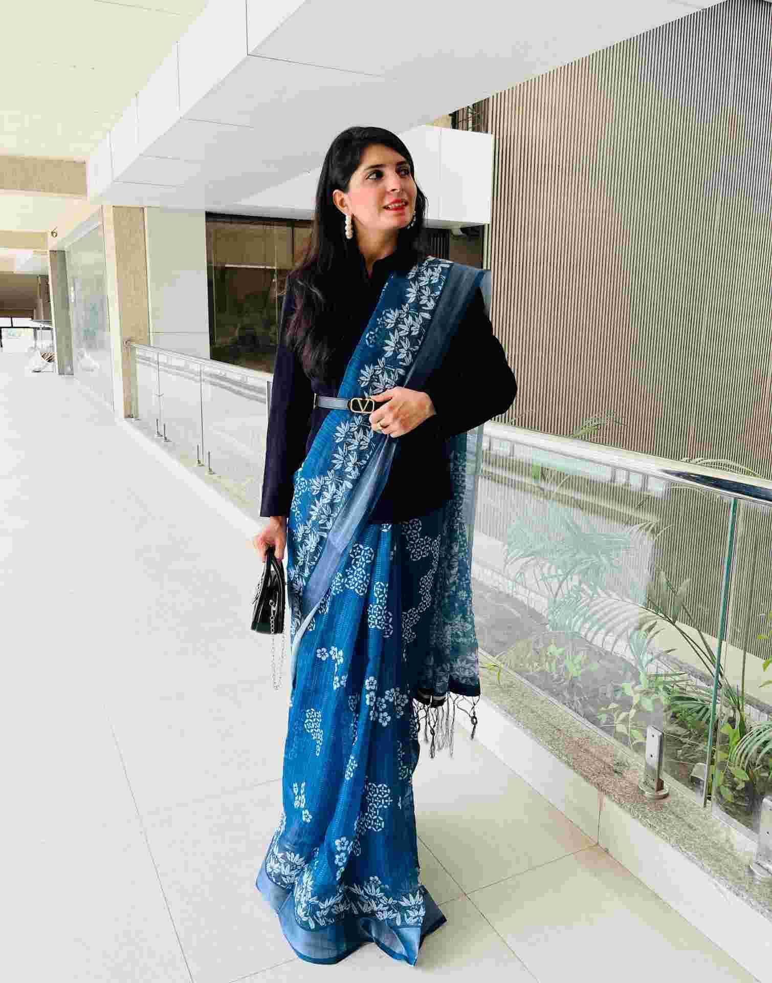 Dark Blue Linen Printed Saree