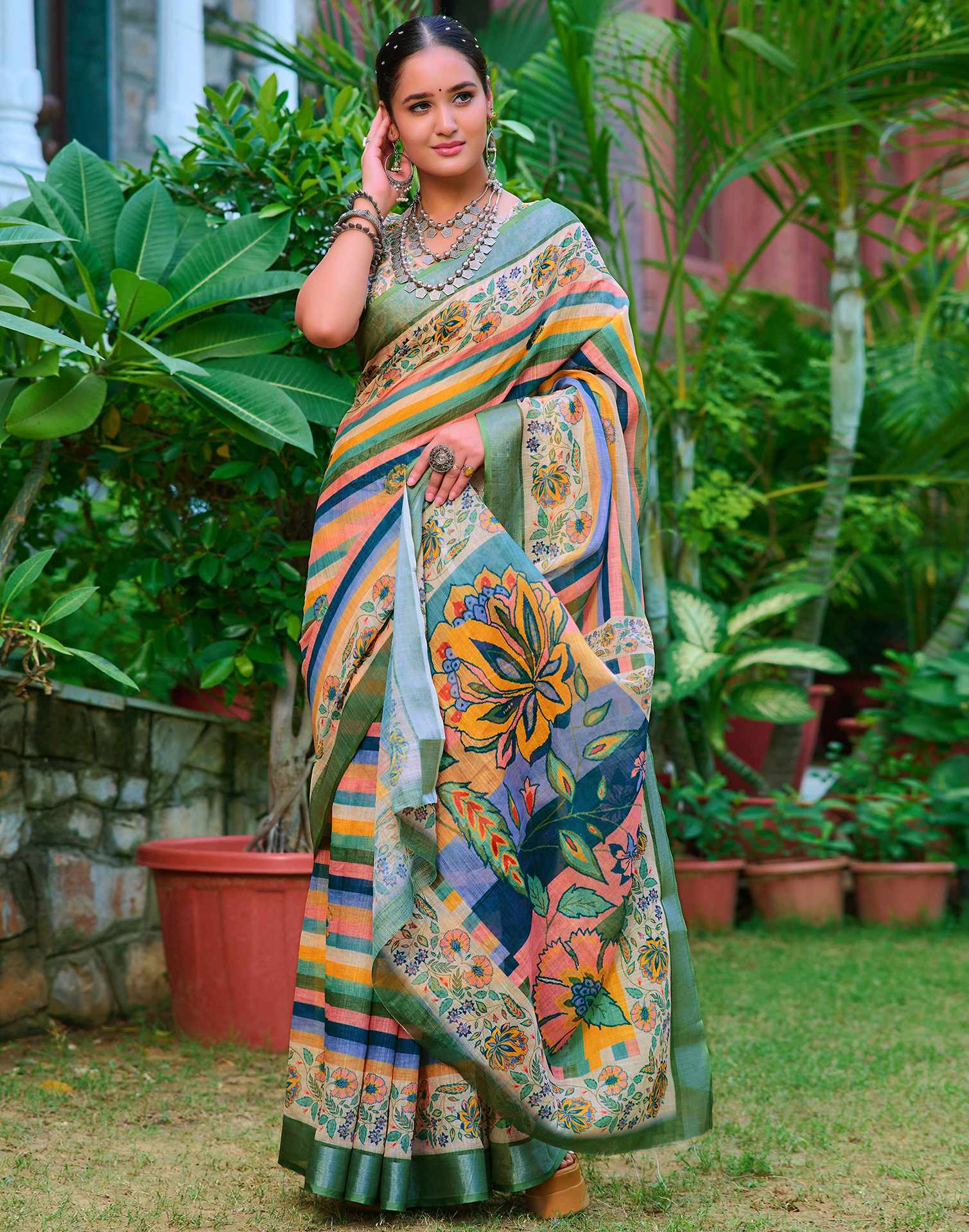 Cream Cotton Linen Printed Saree