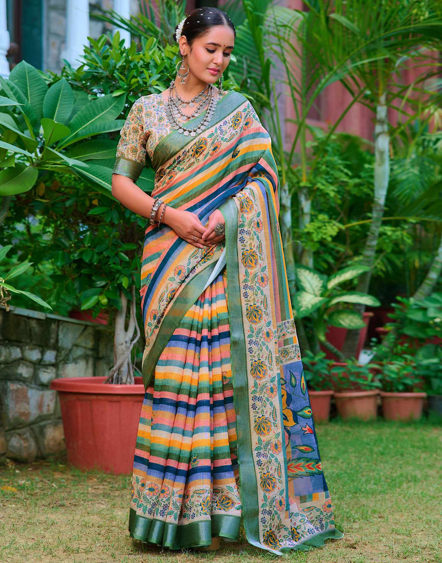 Cream Cotton Linen Printed Saree