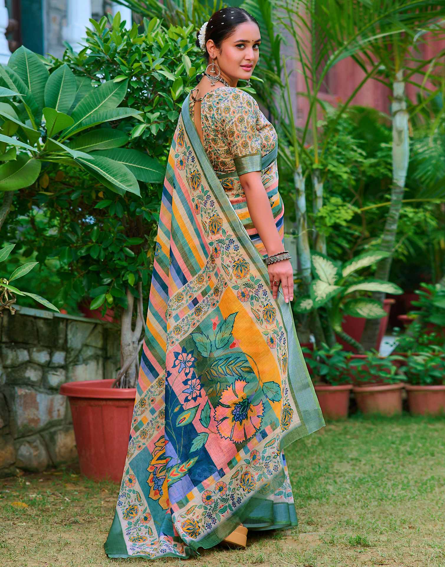 Cream Cotton Linen Printed Saree