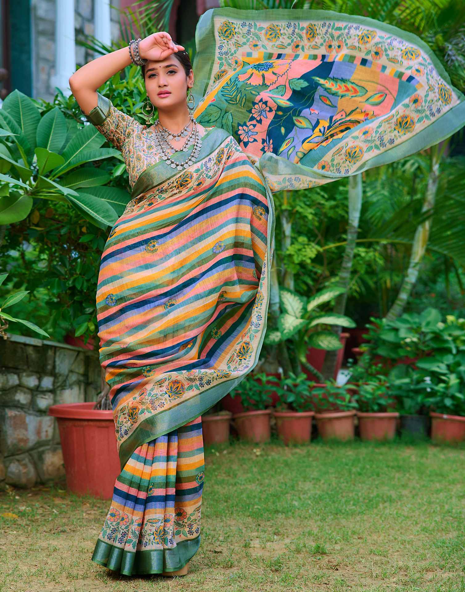 Cream Cotton Linen Printed Saree