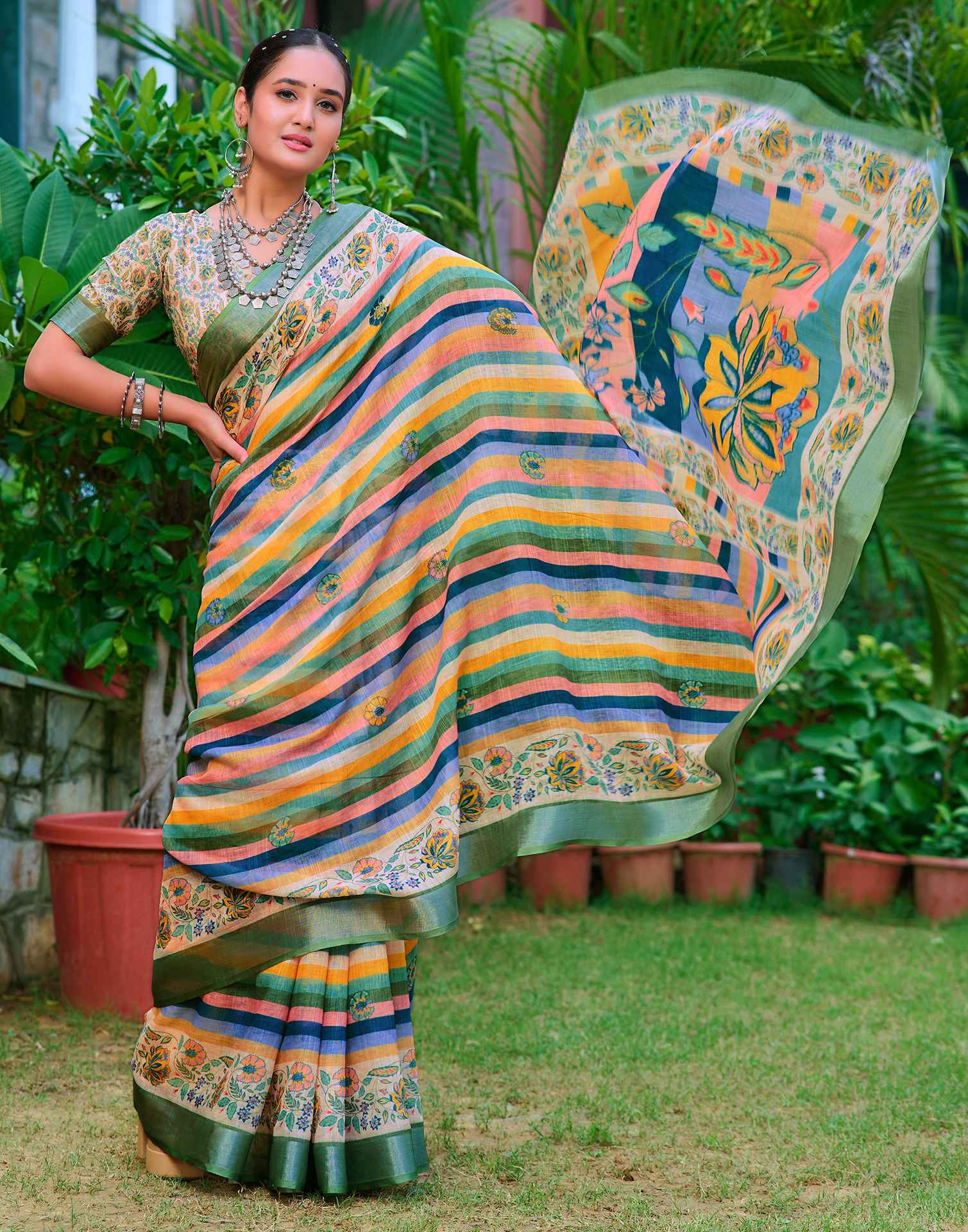 Cream Cotton Linen Printed Saree