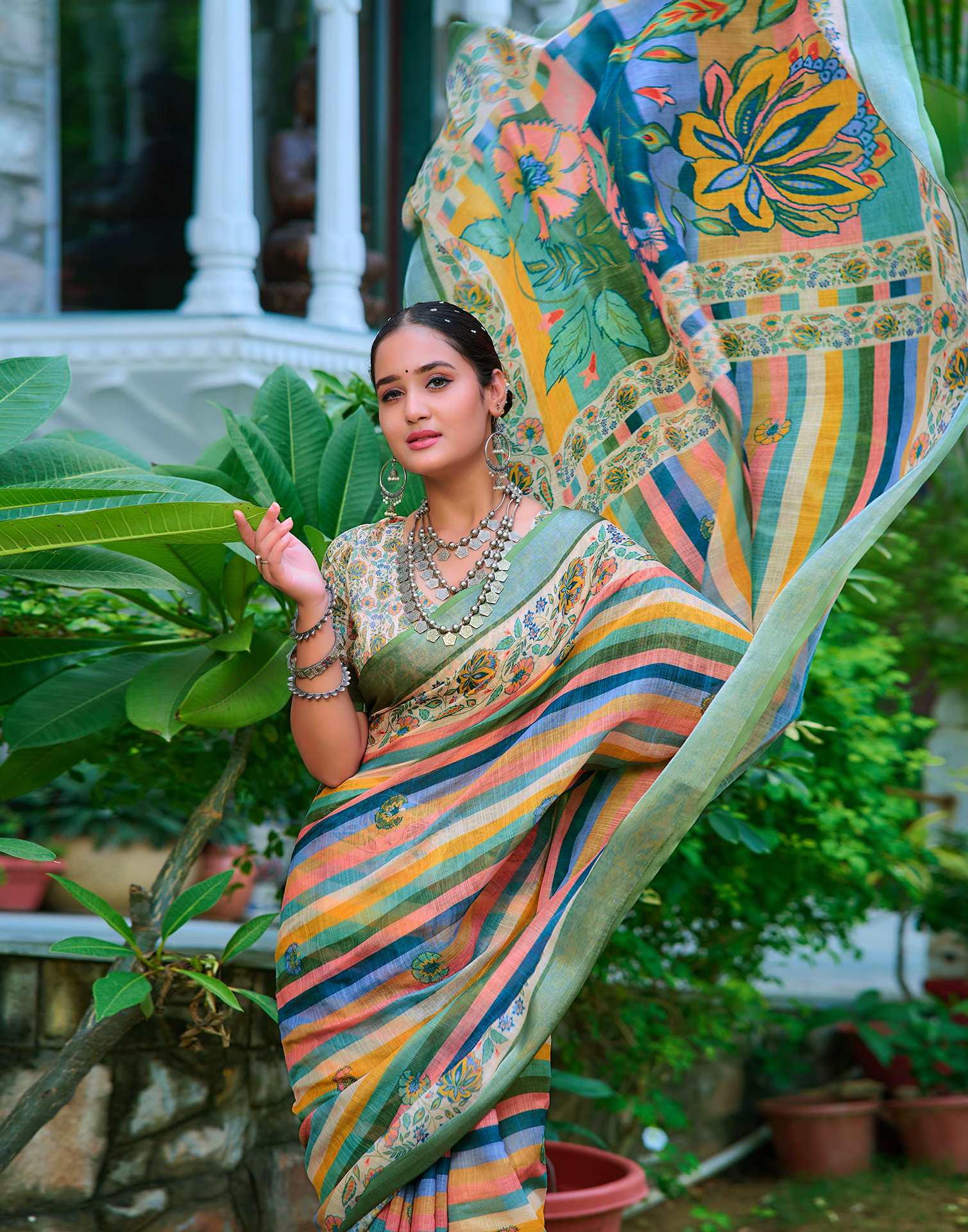 Cream Cotton Linen Printed Saree