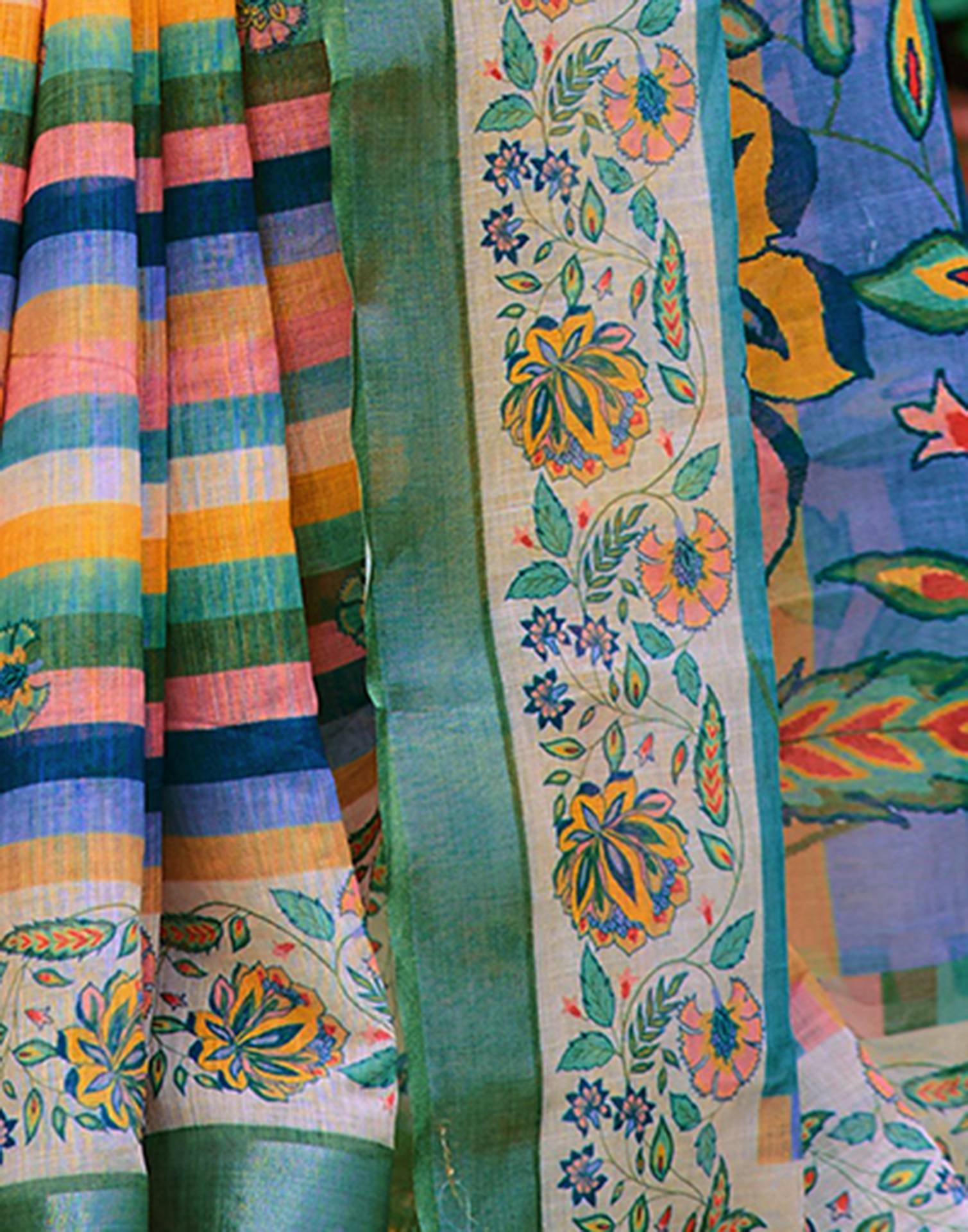 Cream Cotton Linen Printed Saree