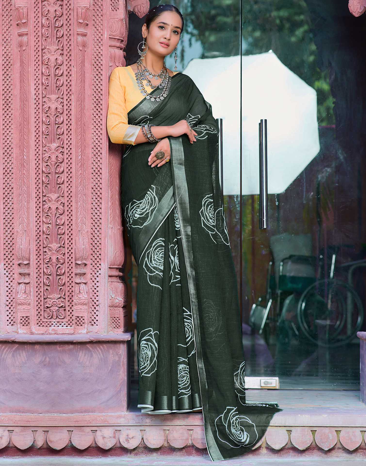 Dark Green Cotton Linen Printed Saree