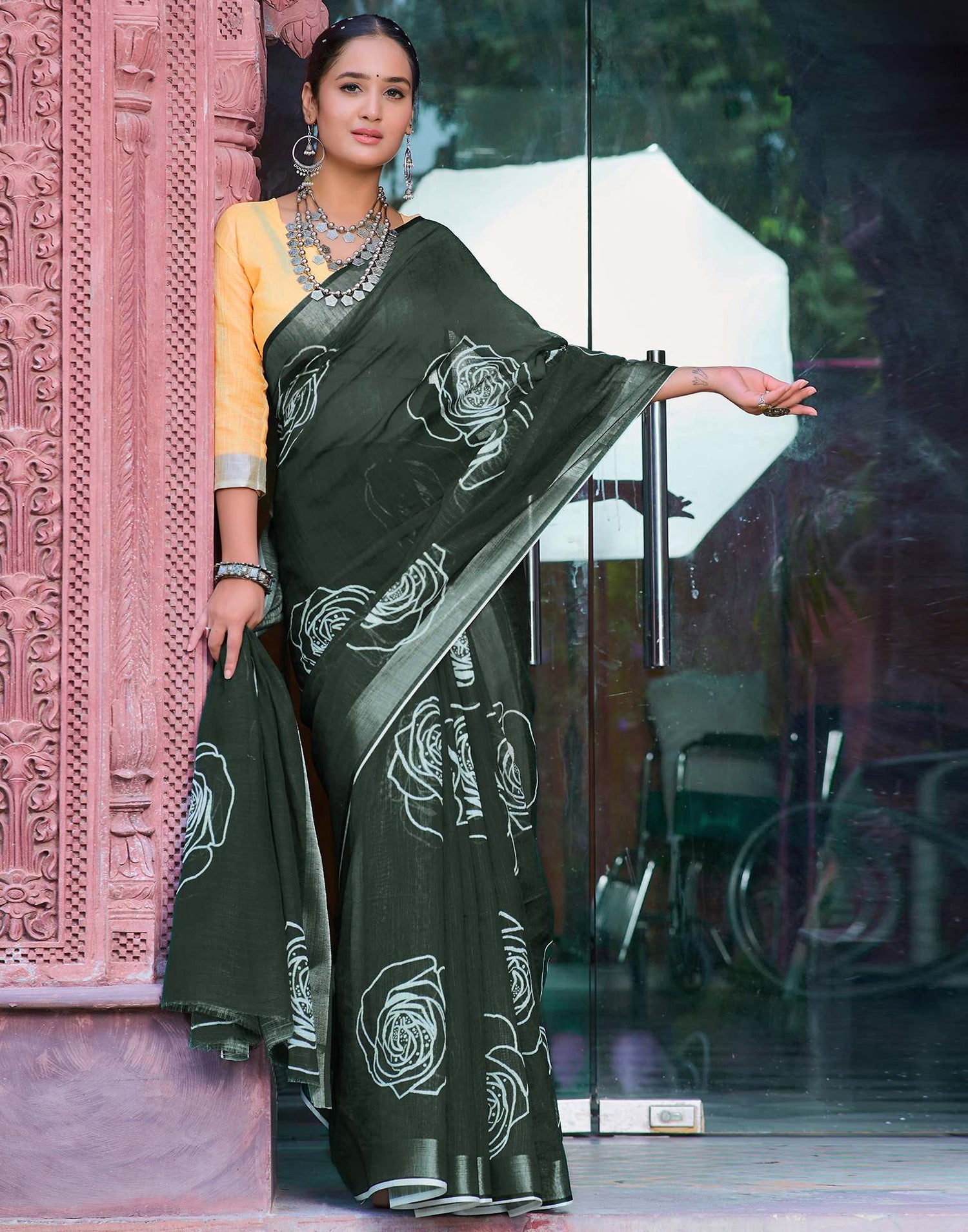 Dark Green Cotton Linen Printed Saree