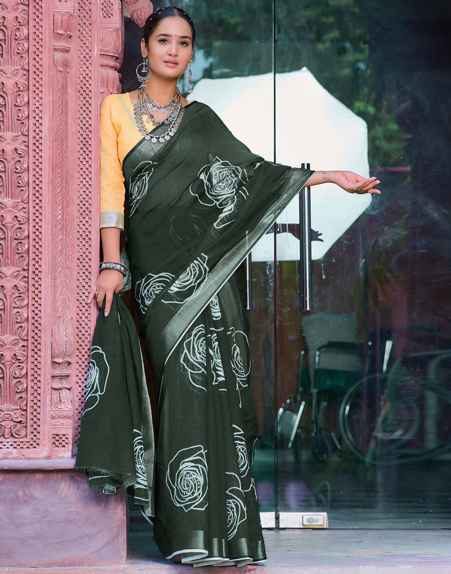 Dark Green Cotton Linen Printed Saree