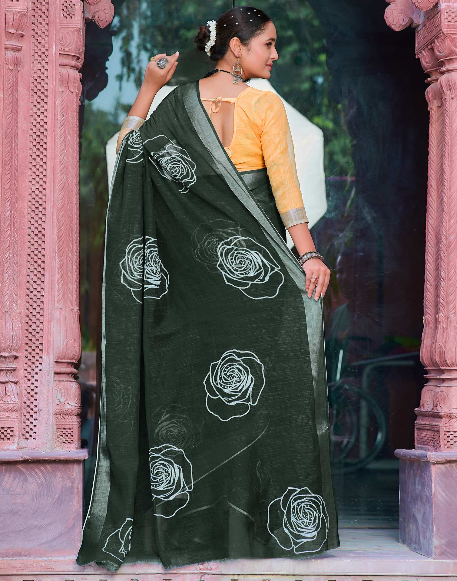 Dark Green Cotton Linen Printed Saree